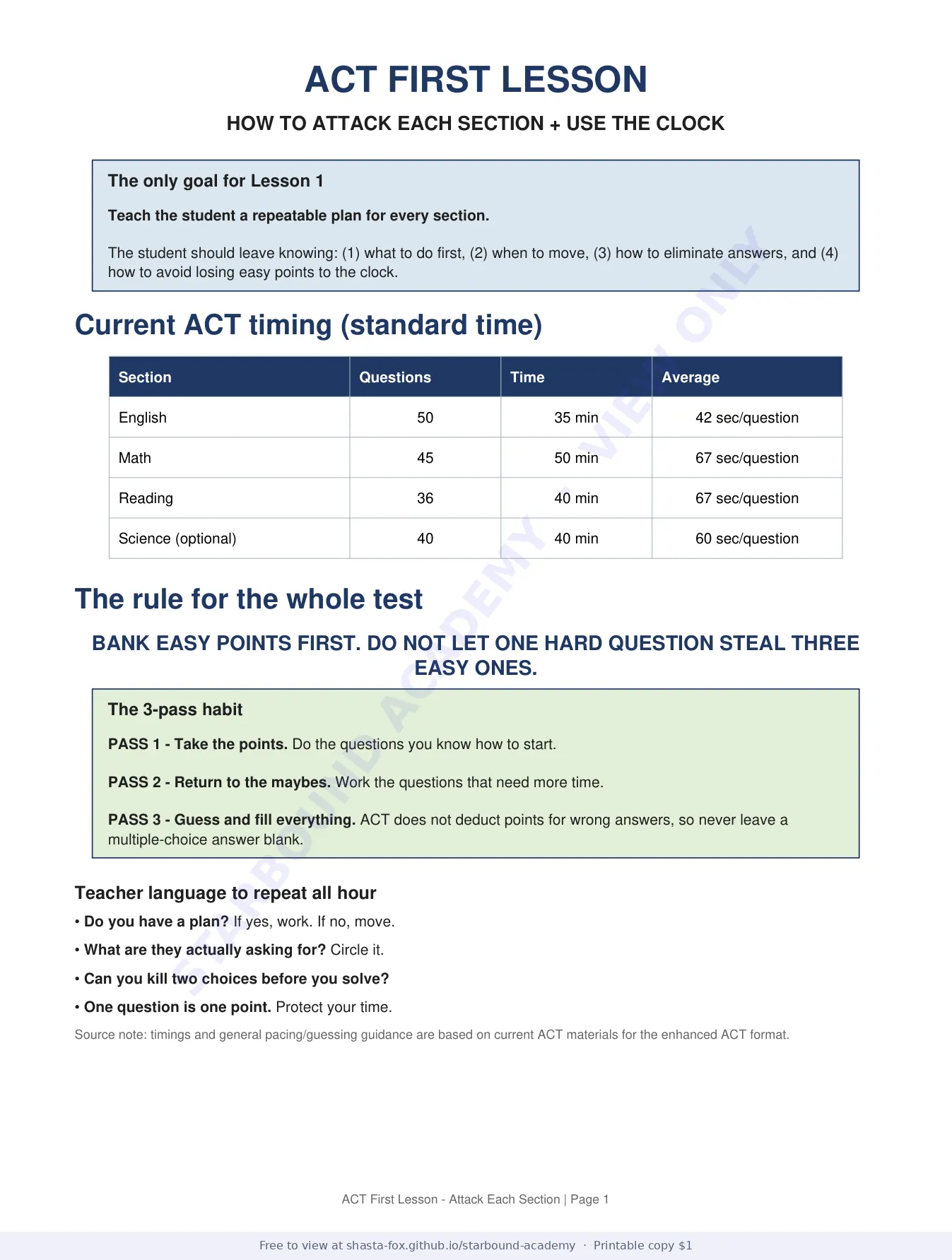 ACT First Lesson: How to Attack Each Section, page 1 of 7