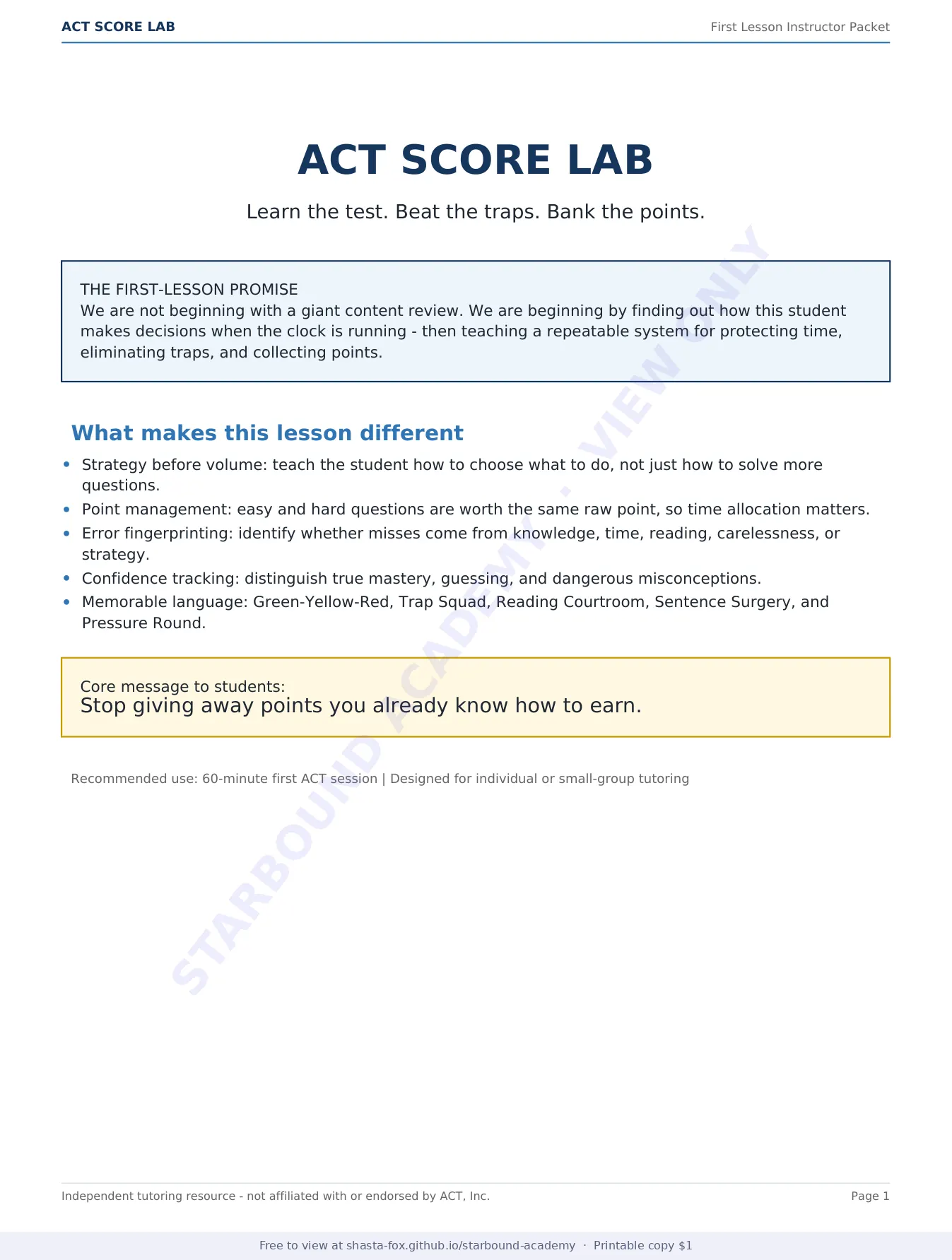 ACT Score Lab: First Lesson Instructor Packet, page 1 of 10
