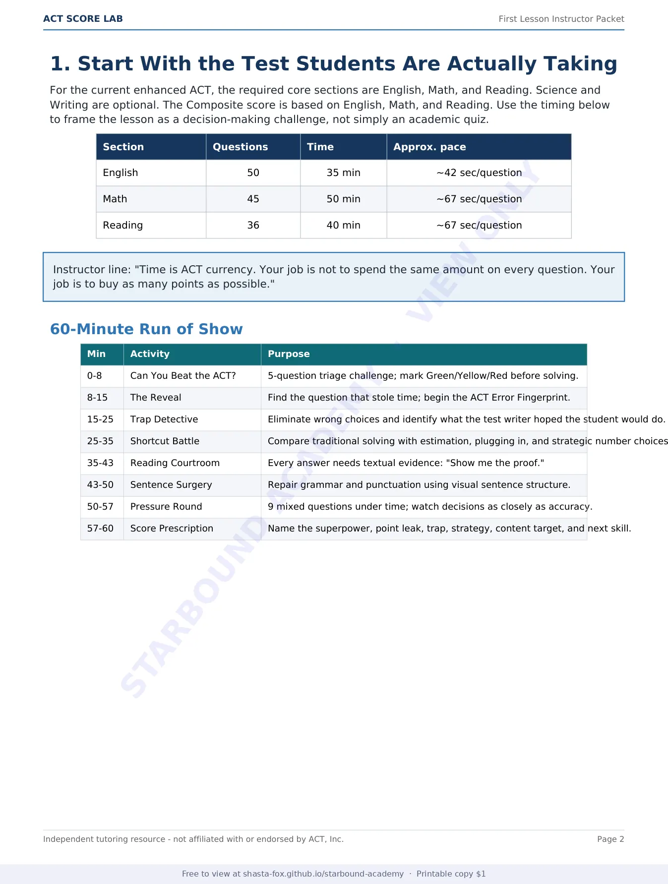 ACT Score Lab: First Lesson Instructor Packet, page 2 of 10