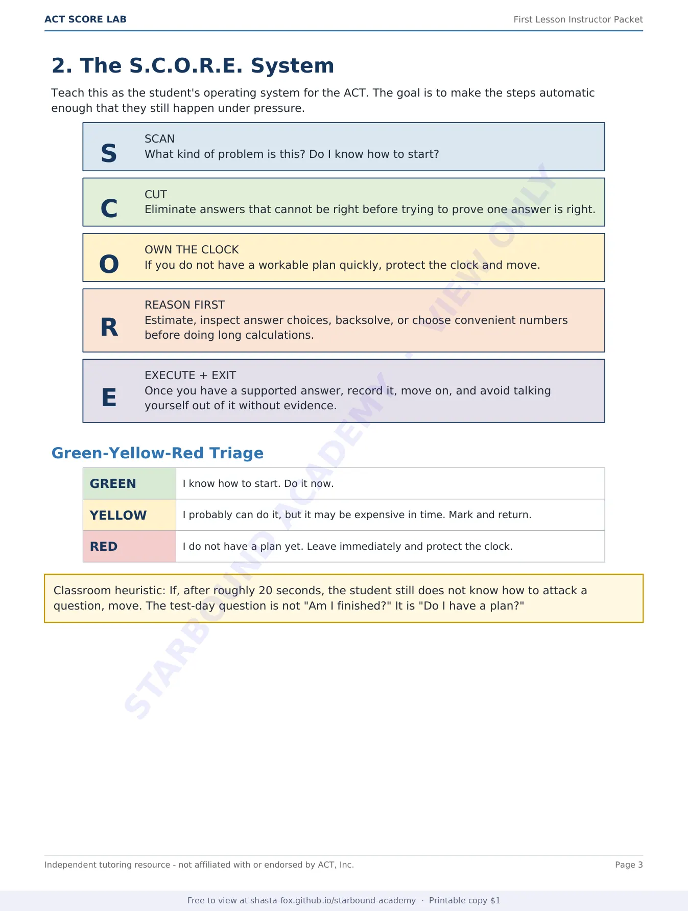 ACT Score Lab: First Lesson Instructor Packet, page 3 of 10