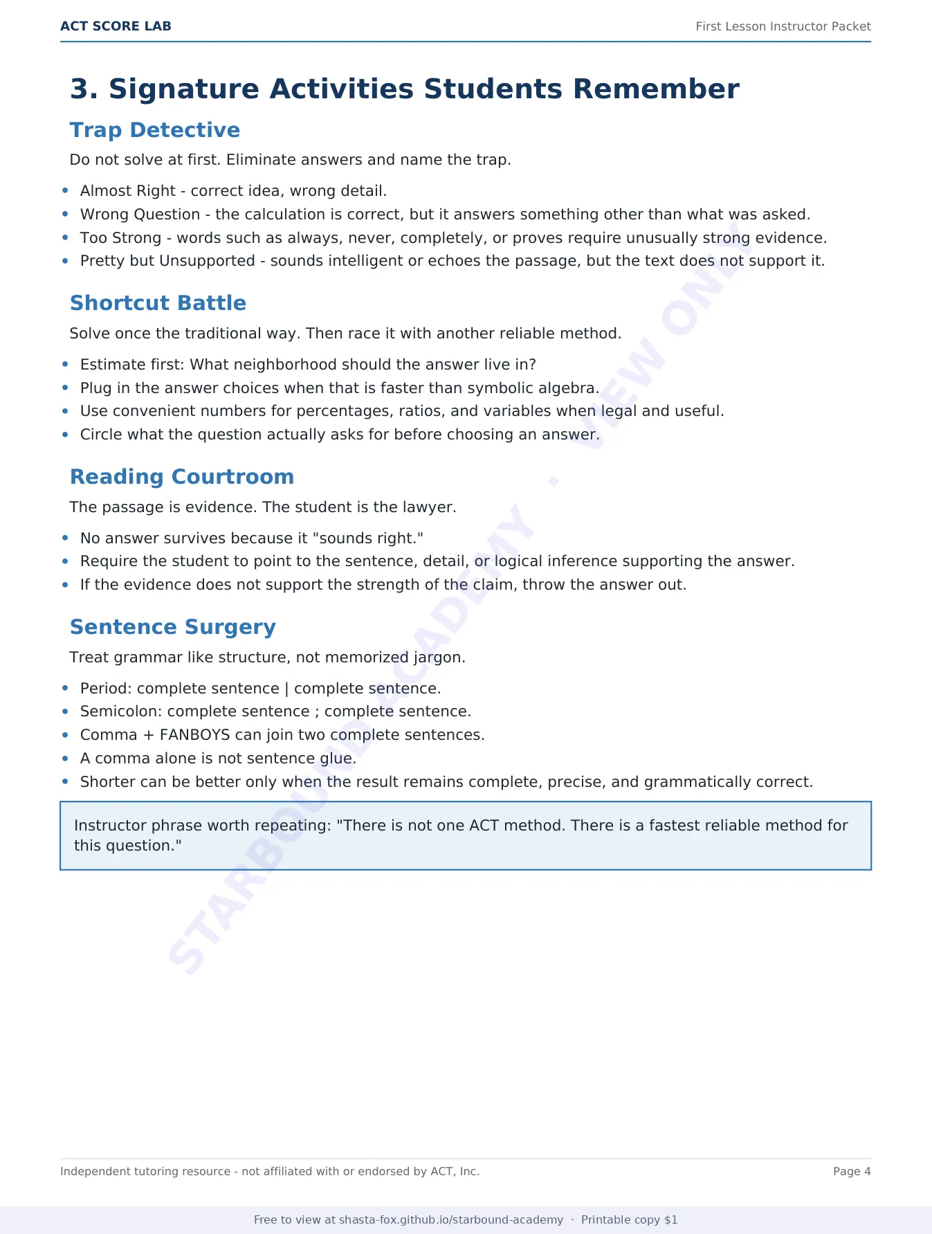 ACT Score Lab: First Lesson Instructor Packet, page 4 of 10