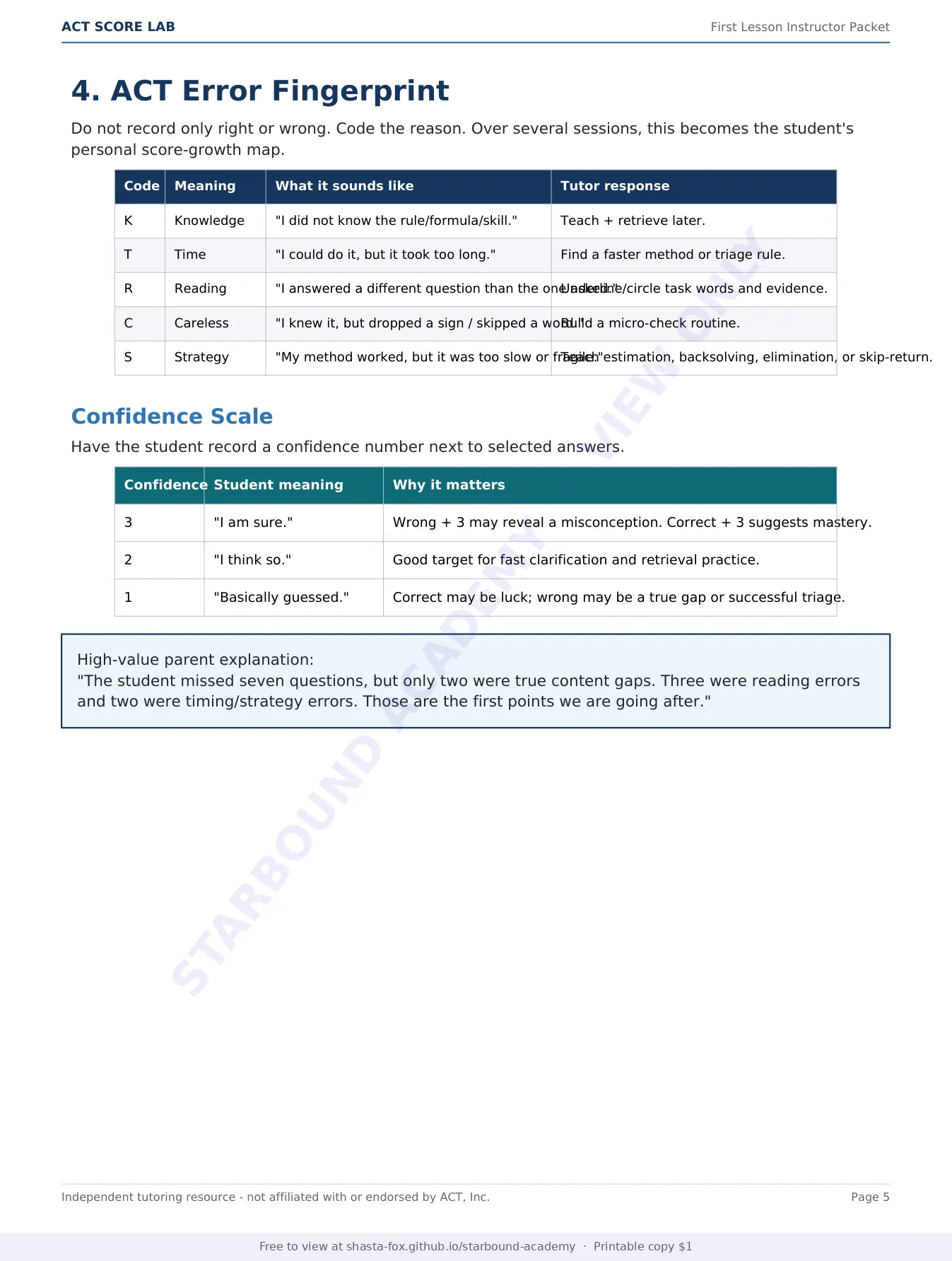 ACT Score Lab: First Lesson Instructor Packet, page 5 of 10