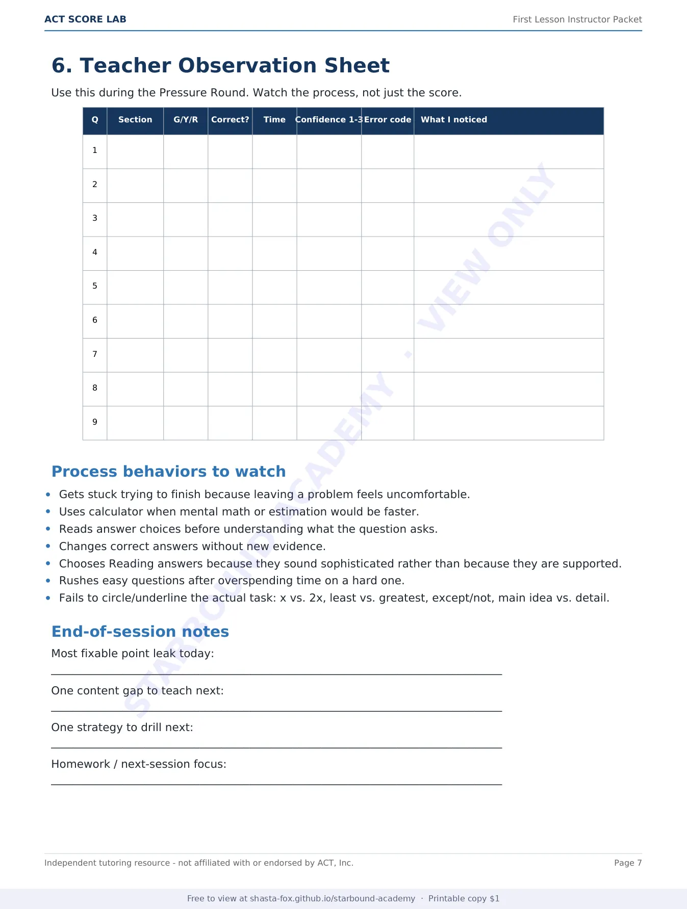 ACT Score Lab: First Lesson Instructor Packet, page 7 of 10