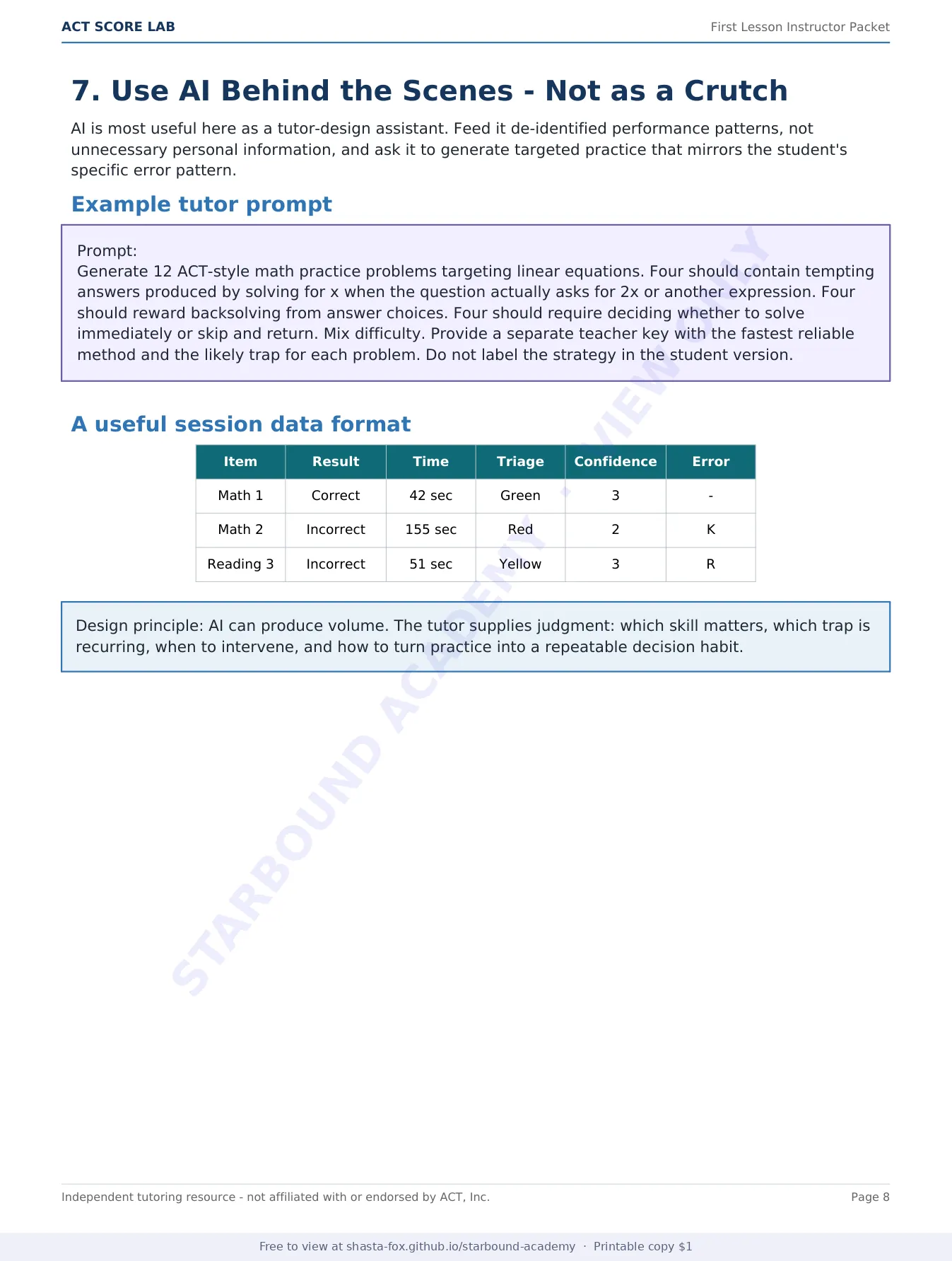 ACT Score Lab: First Lesson Instructor Packet, page 8 of 10