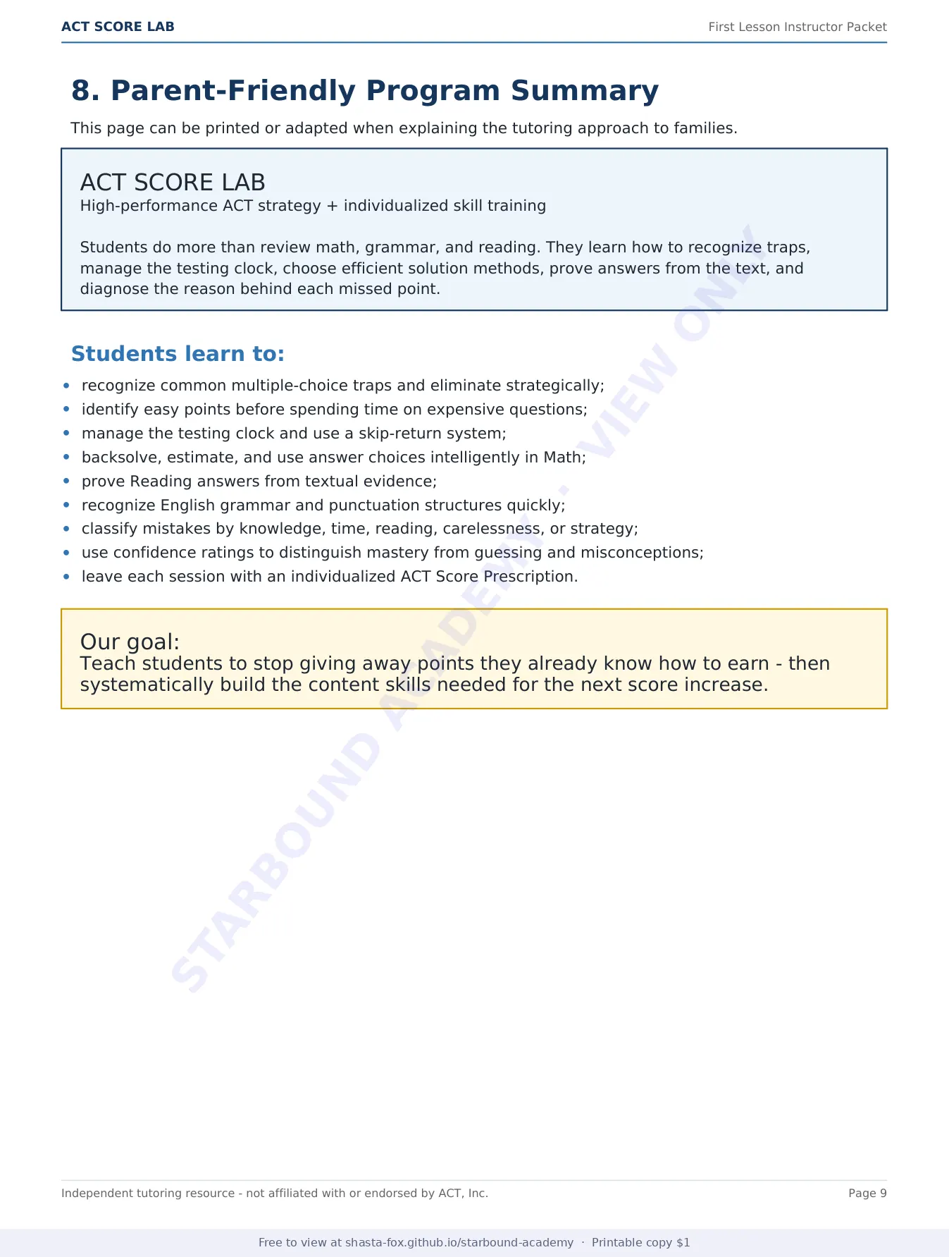 ACT Score Lab: First Lesson Instructor Packet, page 9 of 10