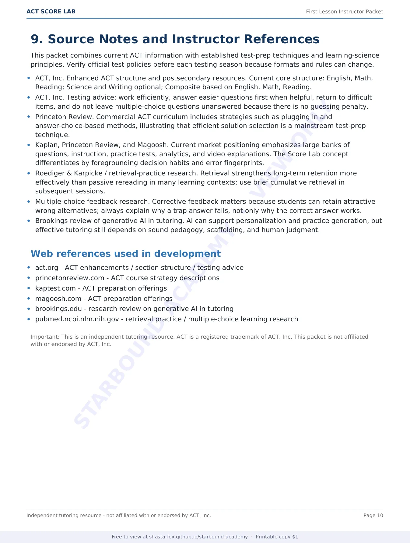 ACT Score Lab: First Lesson Instructor Packet, page 10 of 10