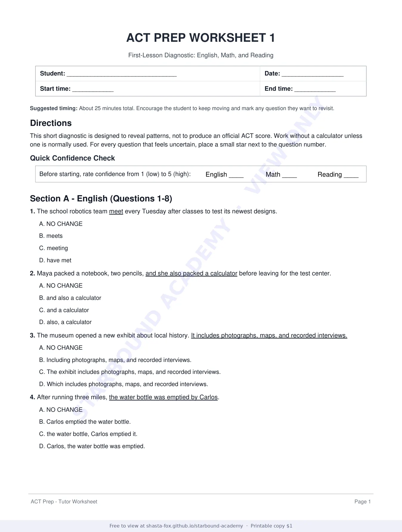 ACT Prep Worksheet 1: First-Lesson Diagnostic, page 1 of 6