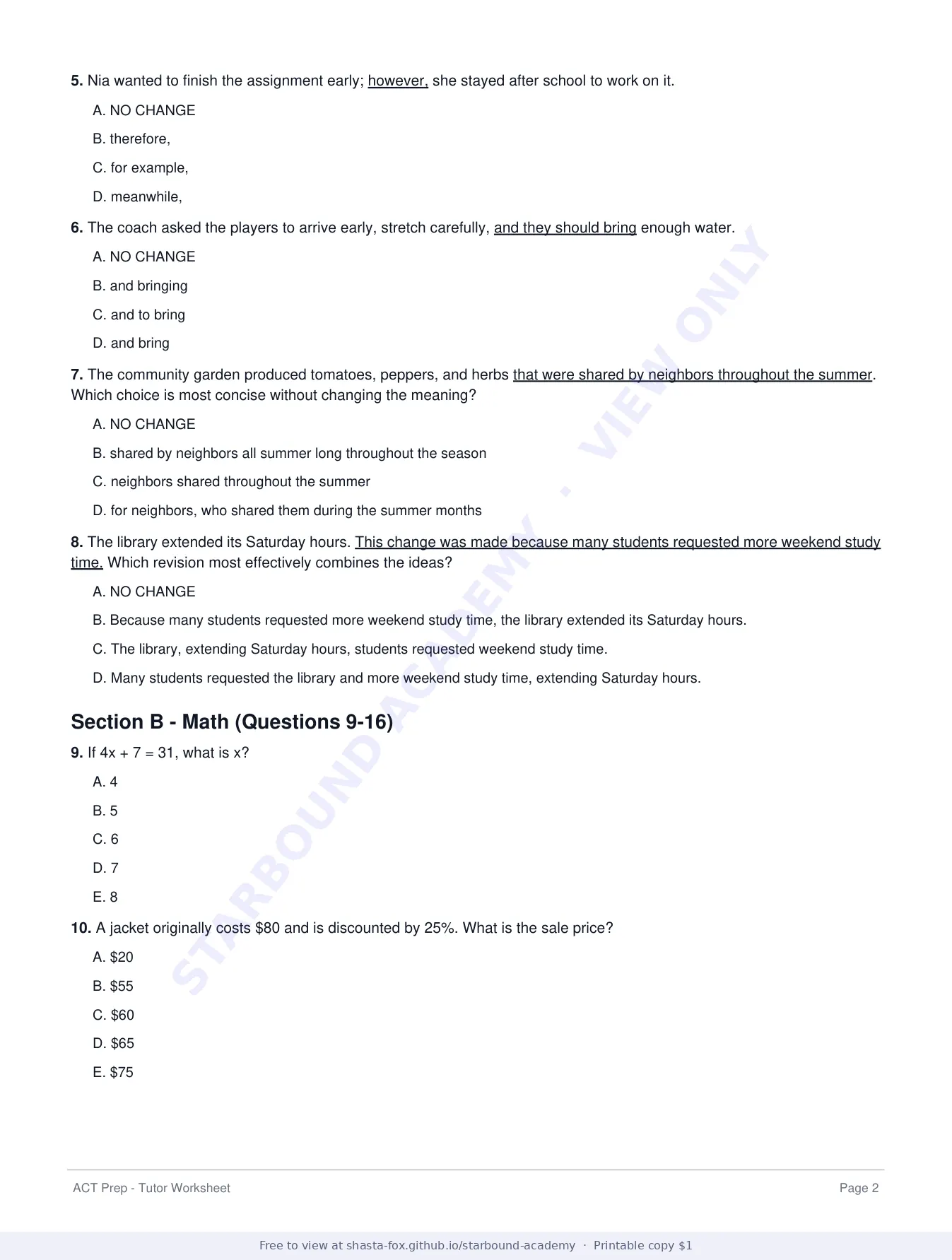 ACT Prep Worksheet 1: First-Lesson Diagnostic, page 2 of 6