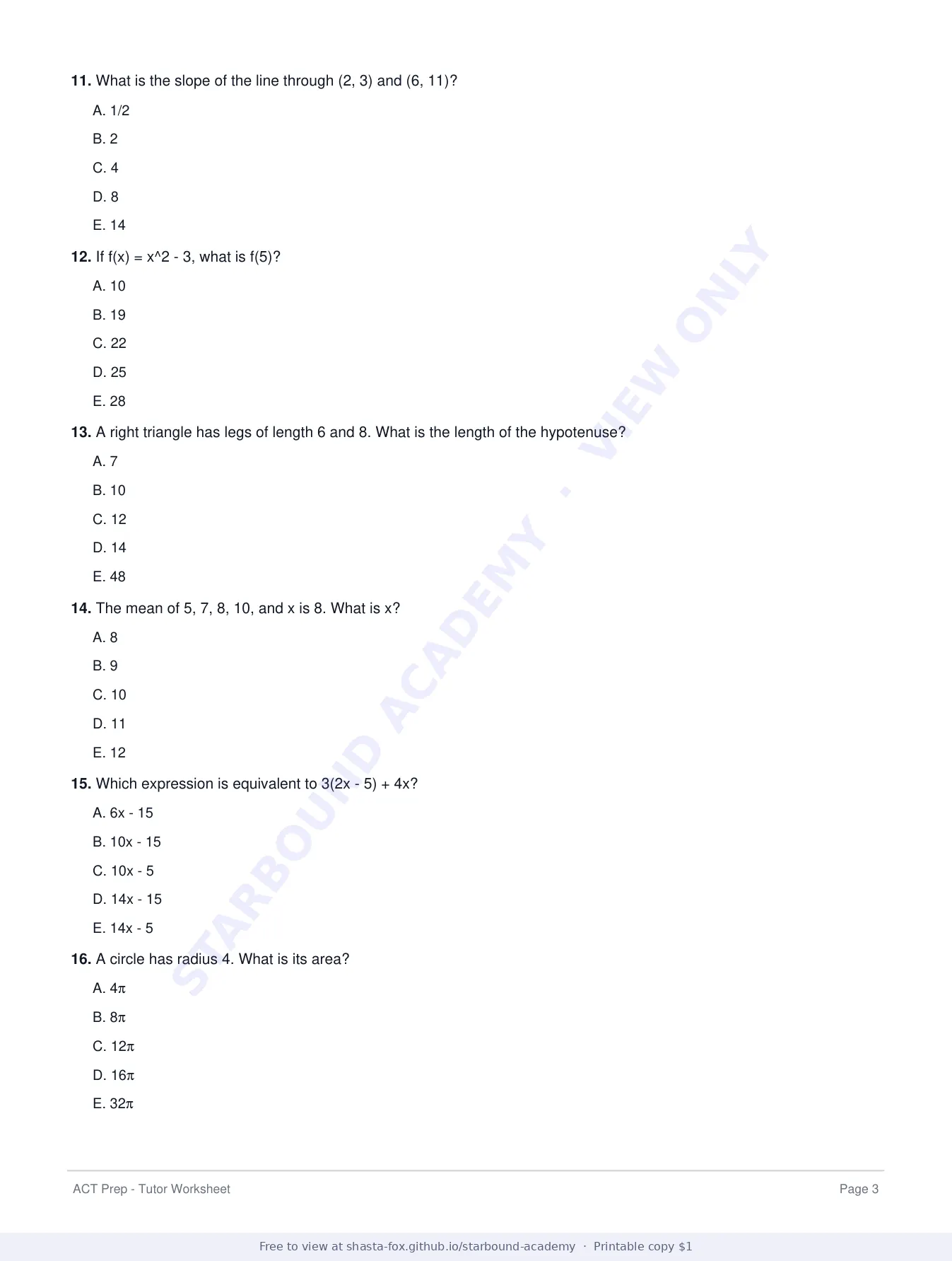 ACT Prep Worksheet 1: First-Lesson Diagnostic, page 3 of 6