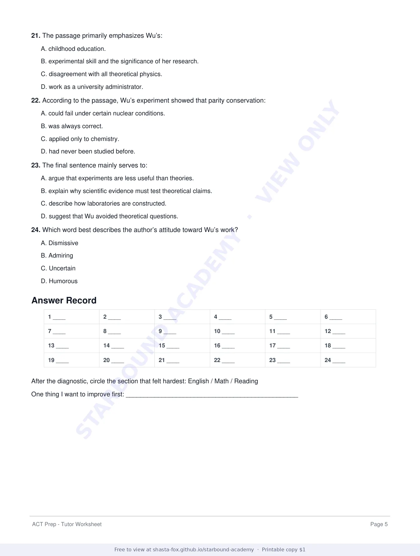 ACT Prep Worksheet 1: First-Lesson Diagnostic, page 5 of 6