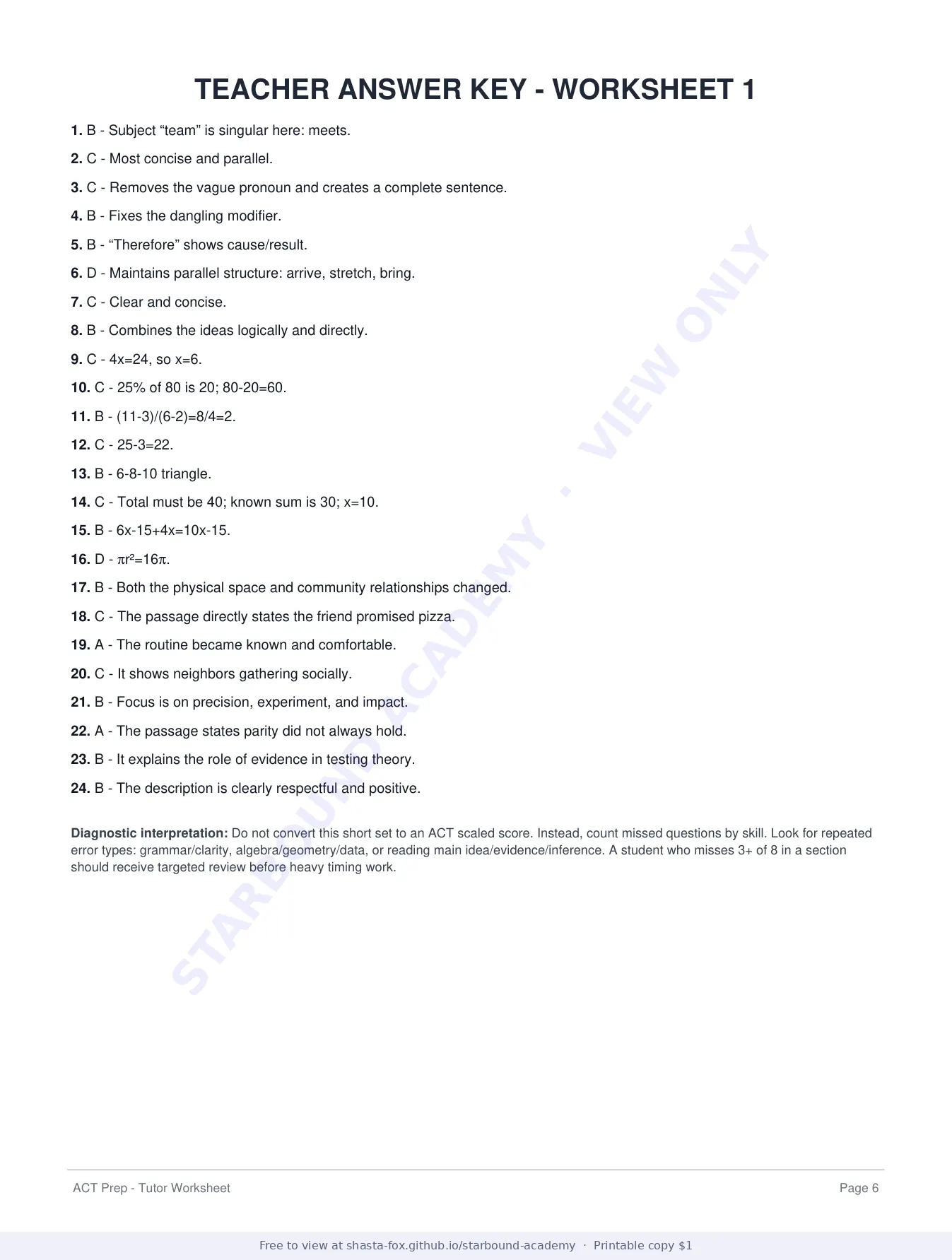 ACT Prep Worksheet 1: First-Lesson Diagnostic, page 6 of 6