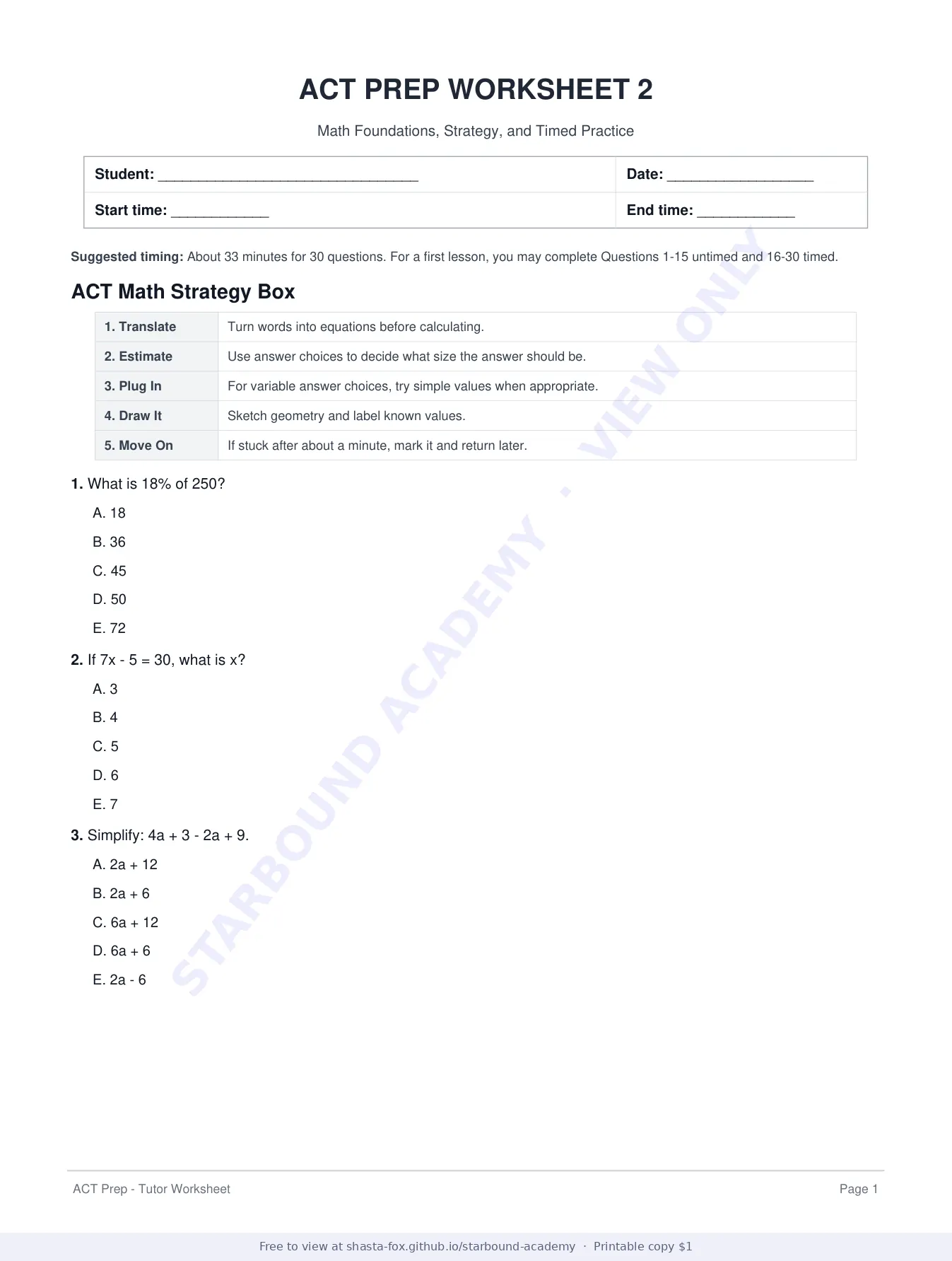 ACT Prep Worksheet 2: Math Foundations and Strategy, page 1 of 7