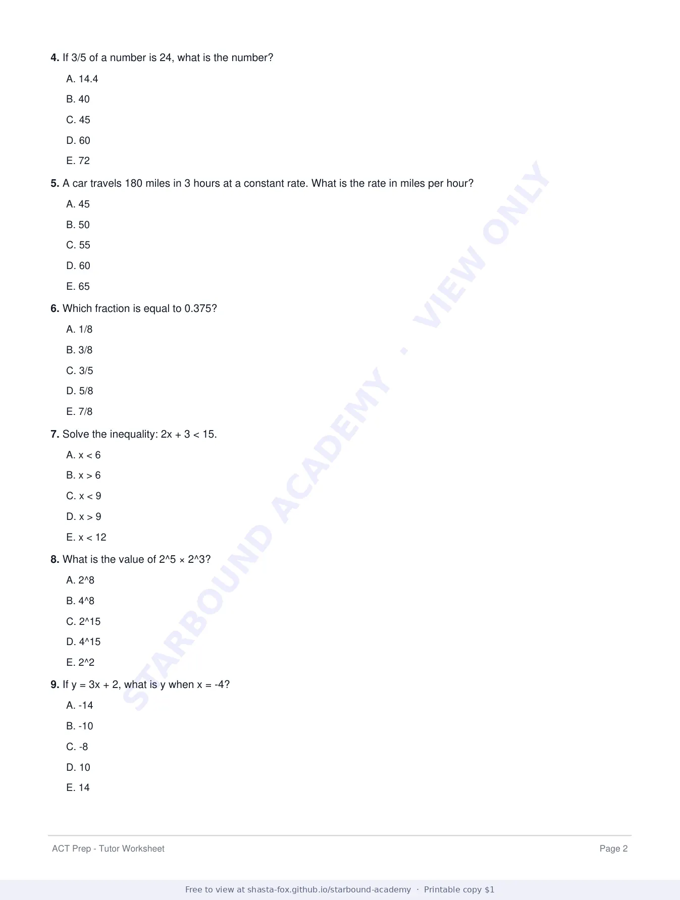 ACT Prep Worksheet 2: Math Foundations and Strategy, page 2 of 7