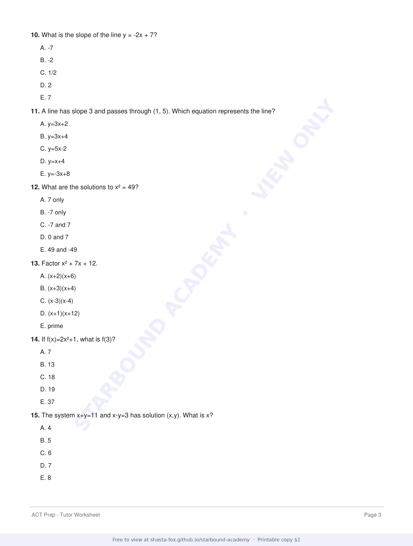 ACT Prep Worksheet 2: Math Foundations and Strategy, page 3 of 7