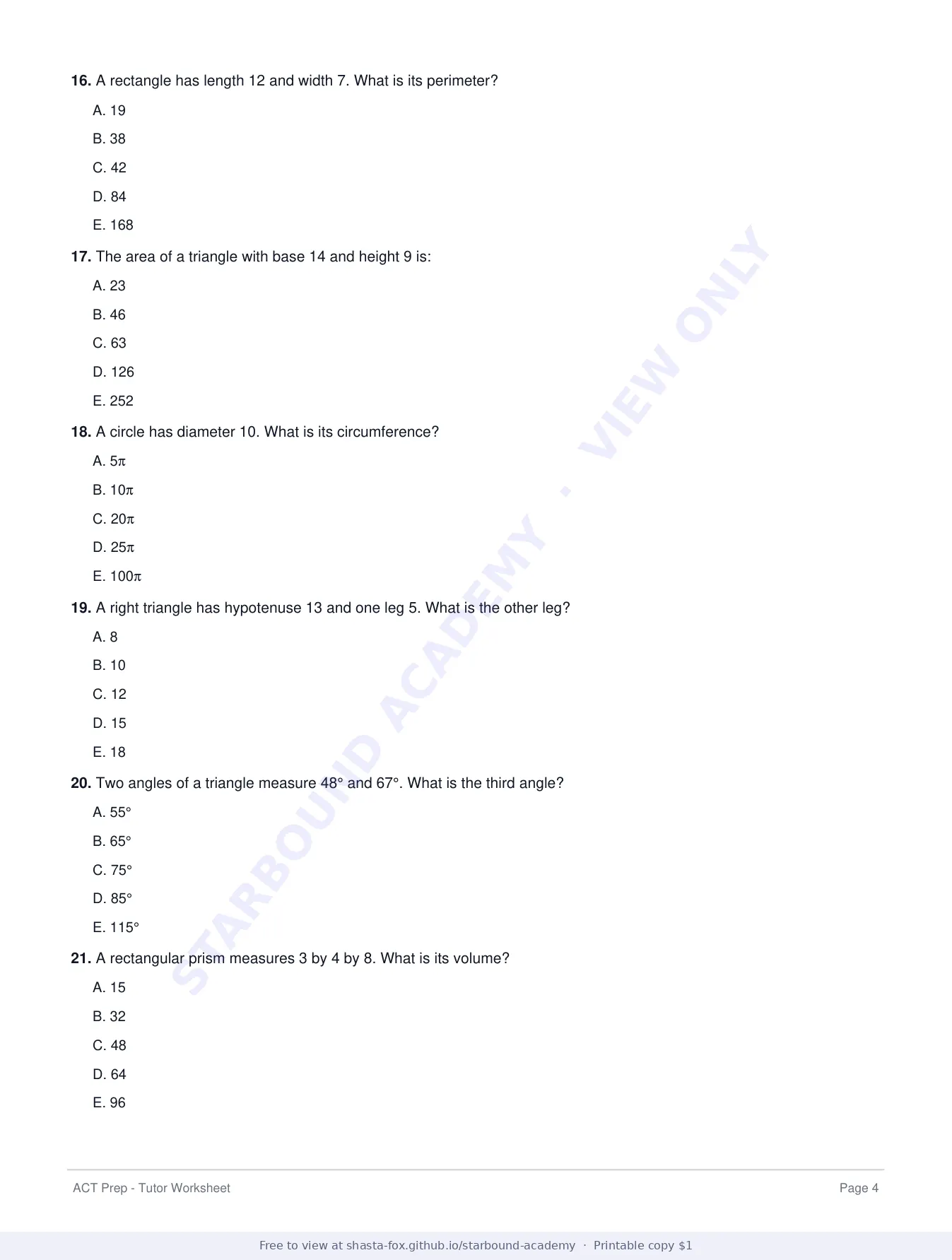 ACT Prep Worksheet 2: Math Foundations and Strategy, page 4 of 7