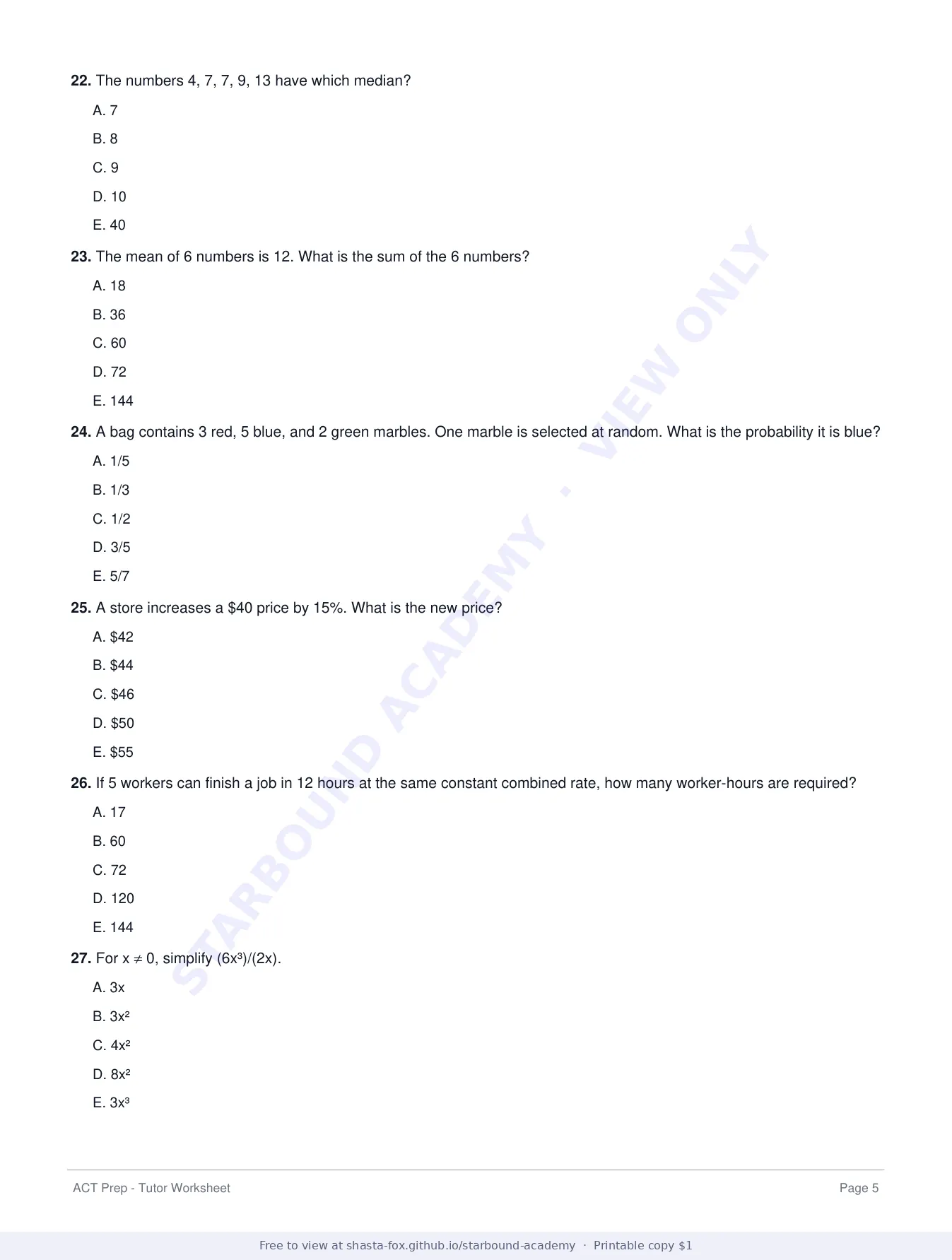 ACT Prep Worksheet 2: Math Foundations and Strategy, page 5 of 7