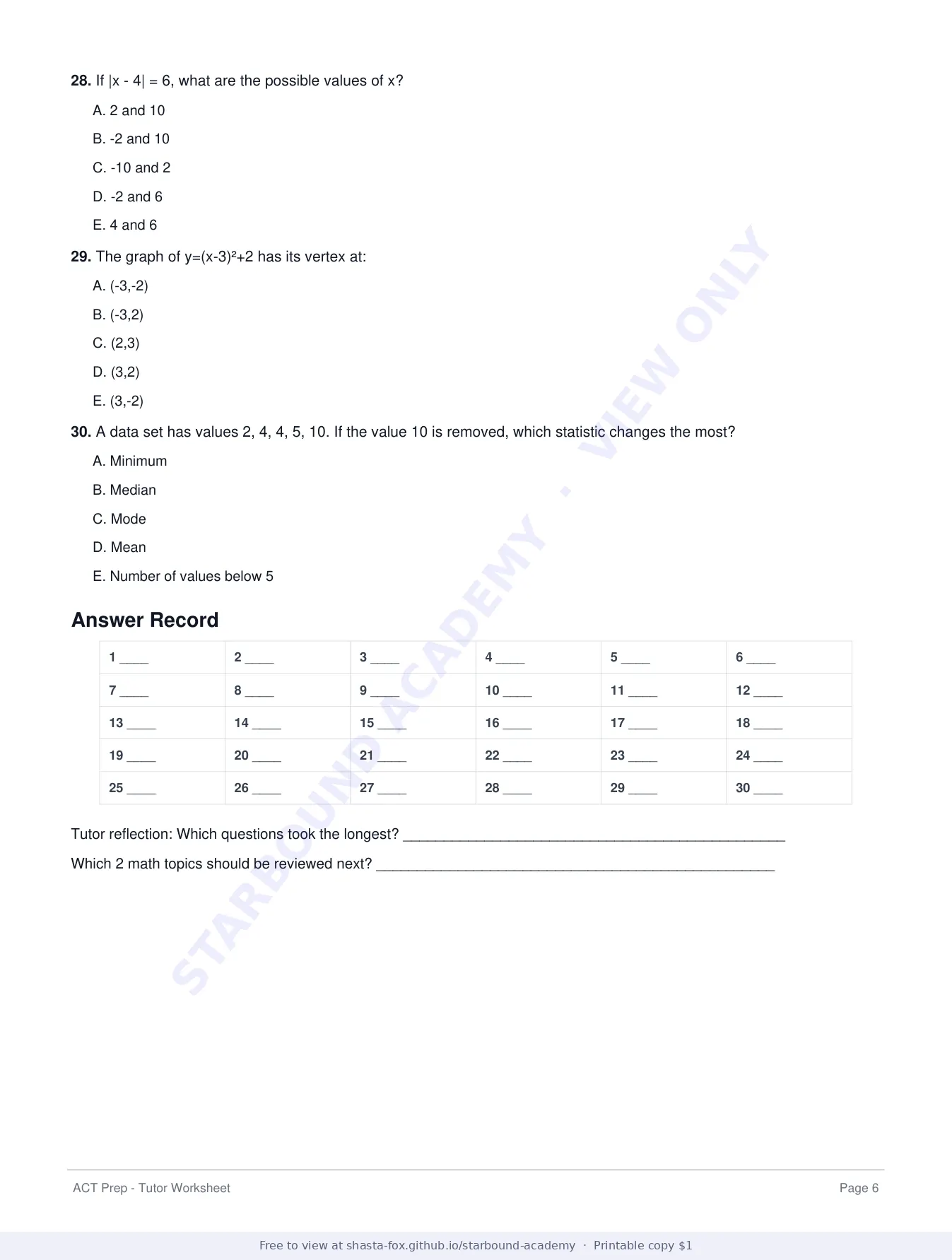 ACT Prep Worksheet 2: Math Foundations and Strategy, page 6 of 7