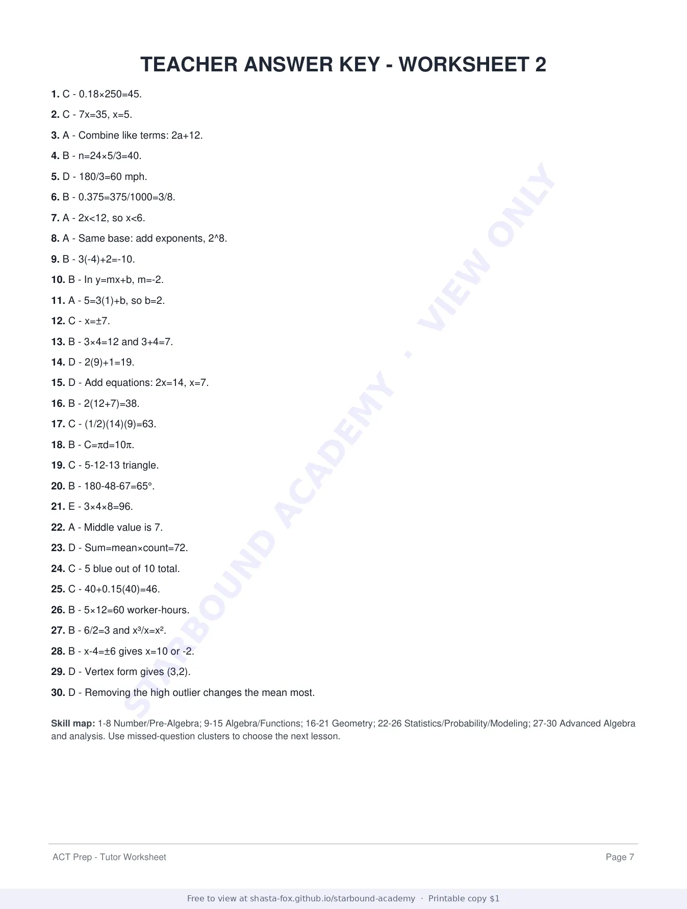 ACT Prep Worksheet 2: Math Foundations and Strategy, page 7 of 7