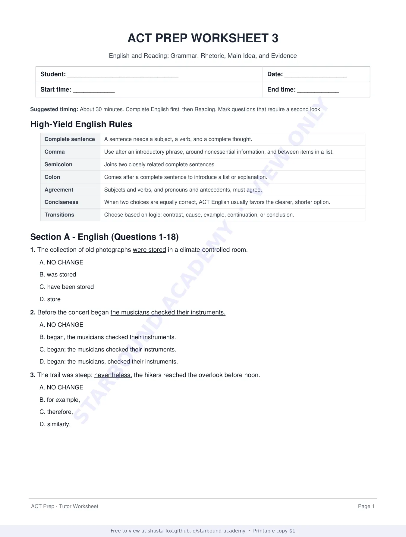 ACT Prep Worksheet 3: English and Reading Strategy, page 1 of 8