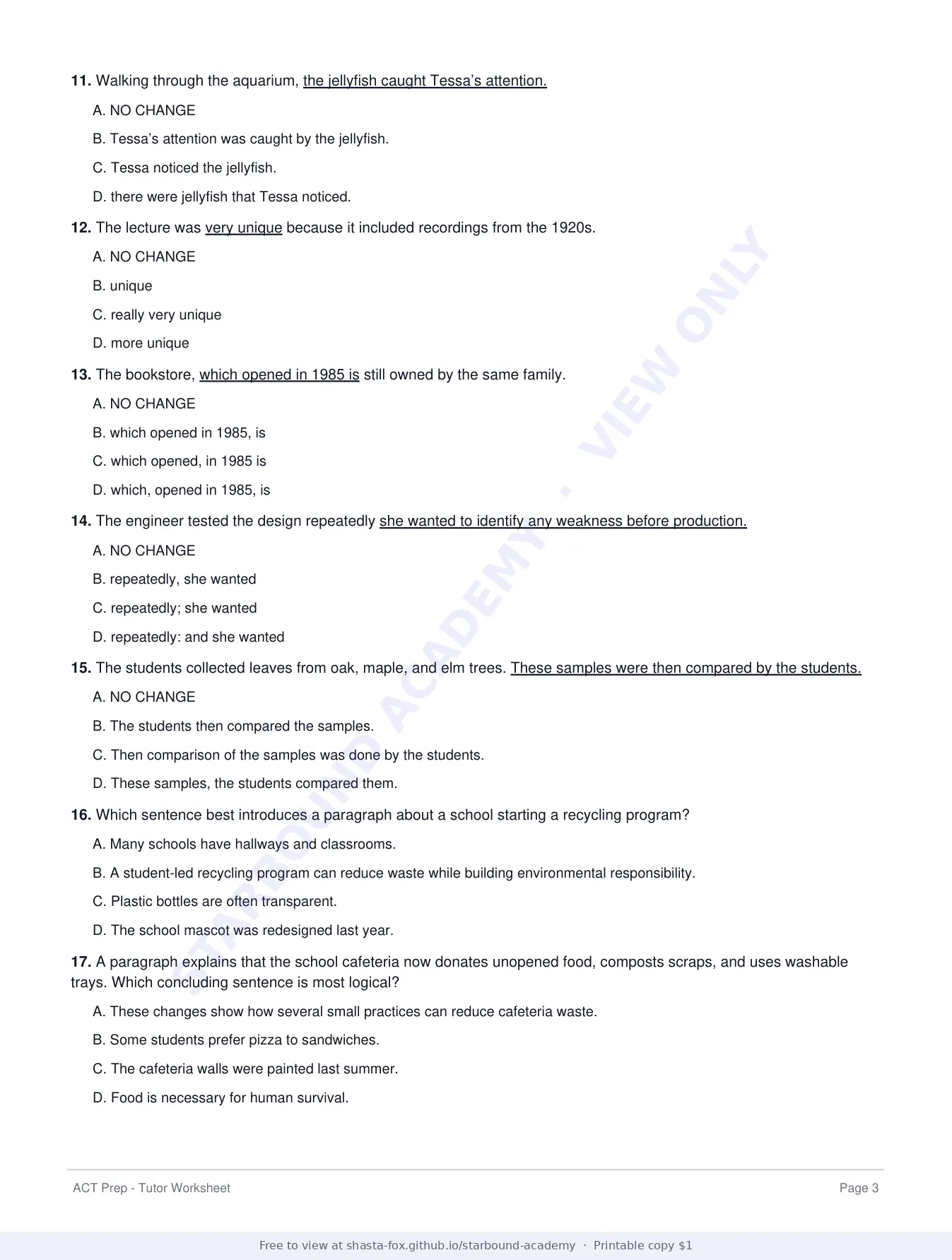ACT Prep Worksheet 3: English and Reading Strategy, page 3 of 8