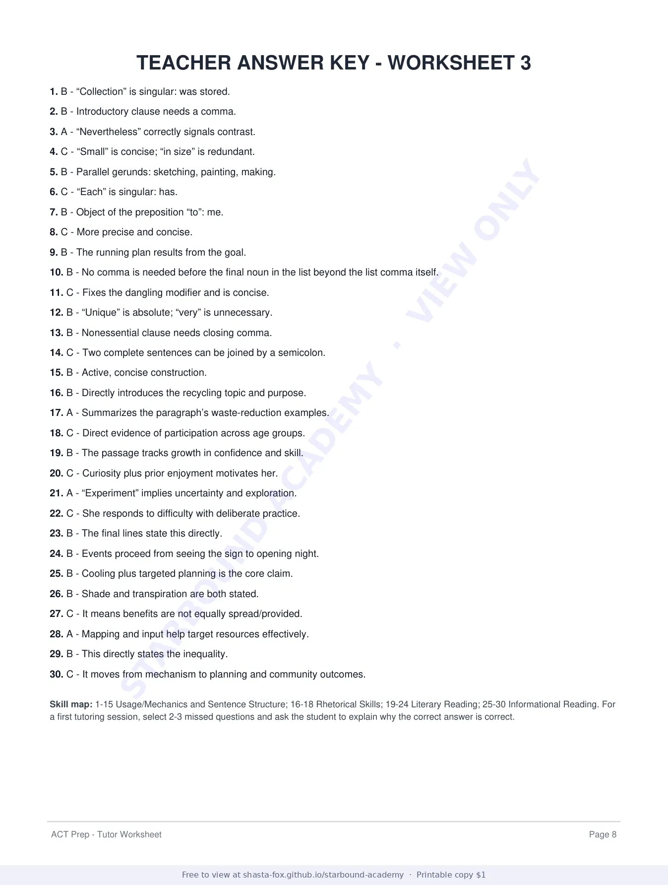 ACT Prep Worksheet 3: English and Reading Strategy, page 8 of 8