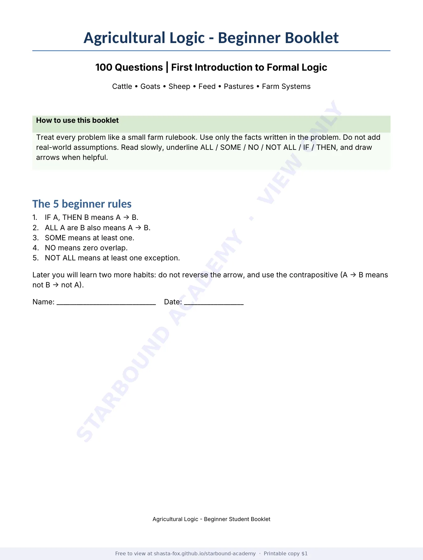 Agricultural Logic: Beginner Booklet, page 1 of 22