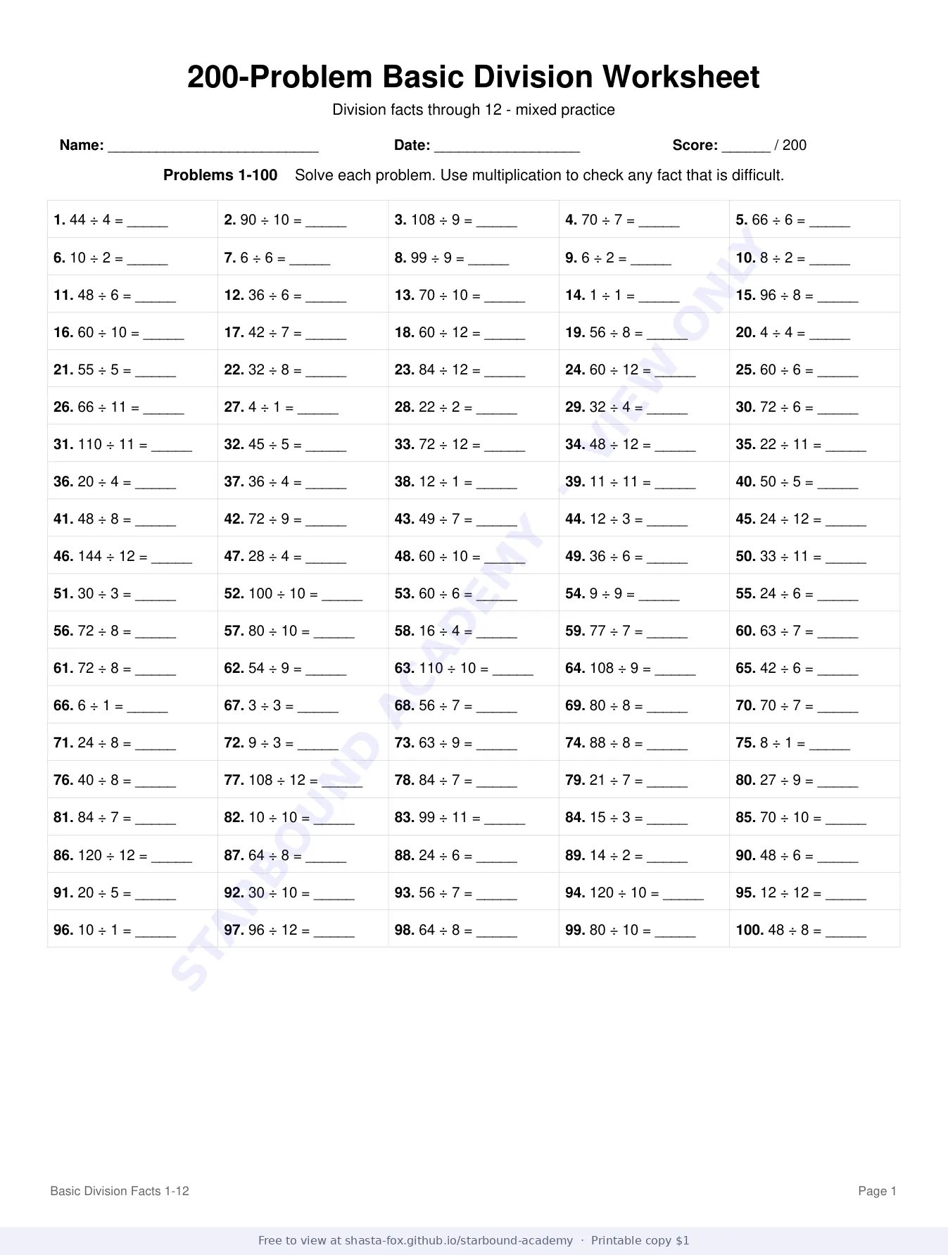 Basic Division Facts Through 12, page 1 of 4