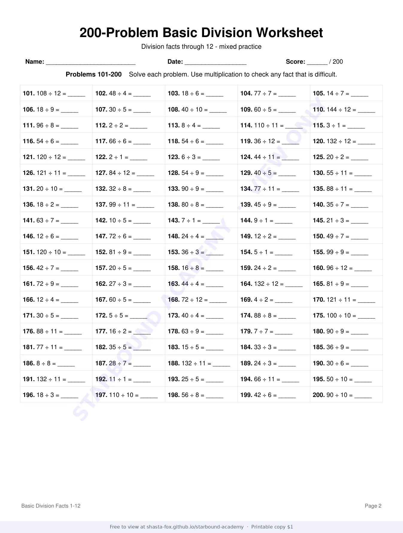 Basic Division Facts Through 12, page 2 of 4