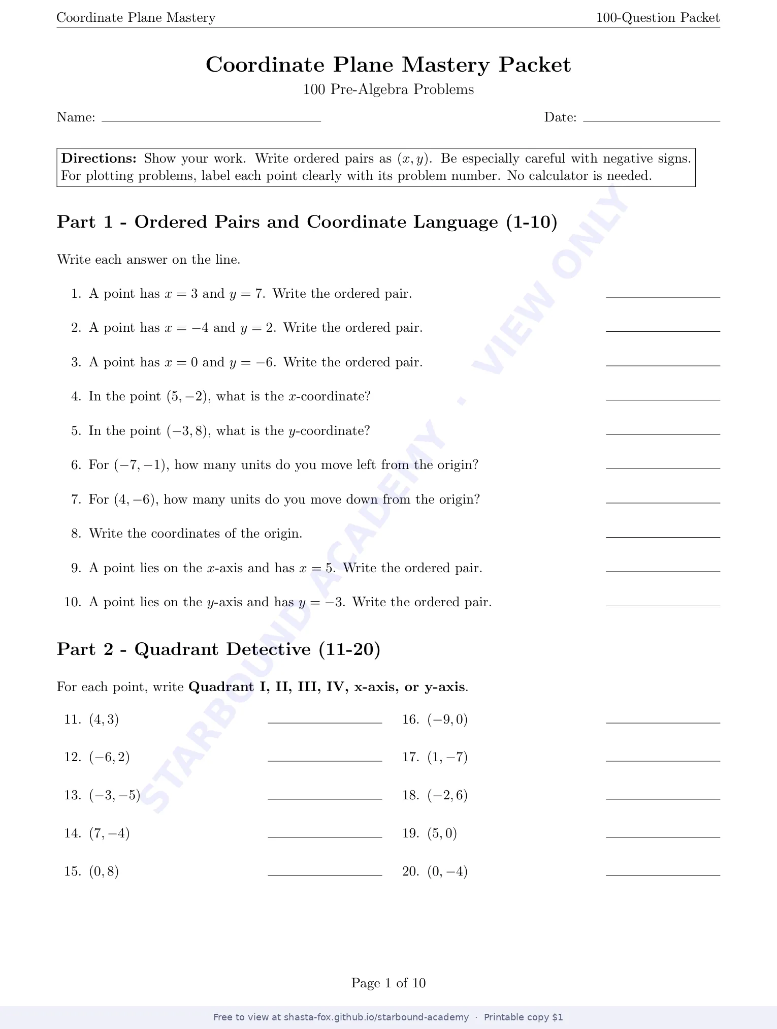 Coordinate Plane Mastery, page 1 of 10