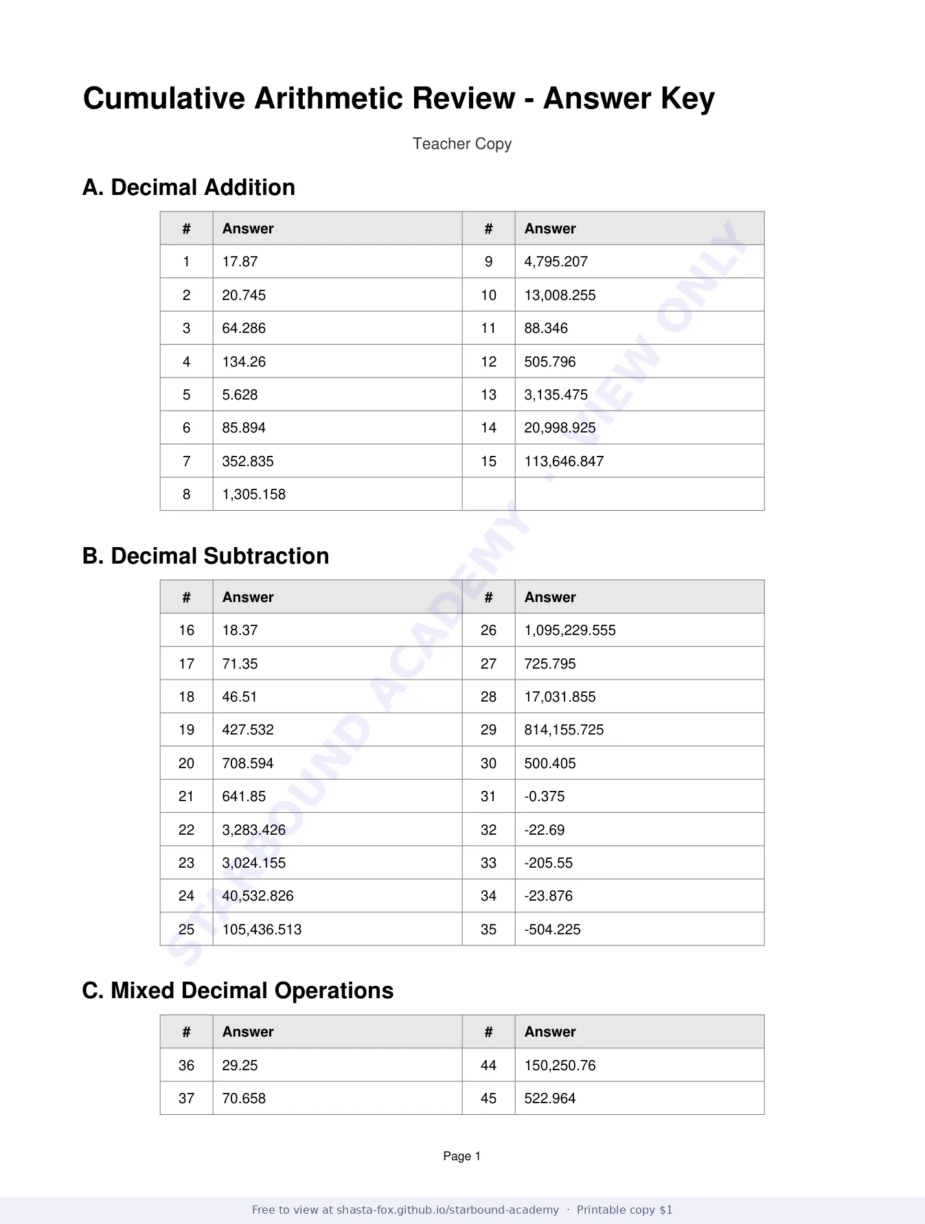Cumulative Arithmetic Review: Answer Key, page 1 of 3