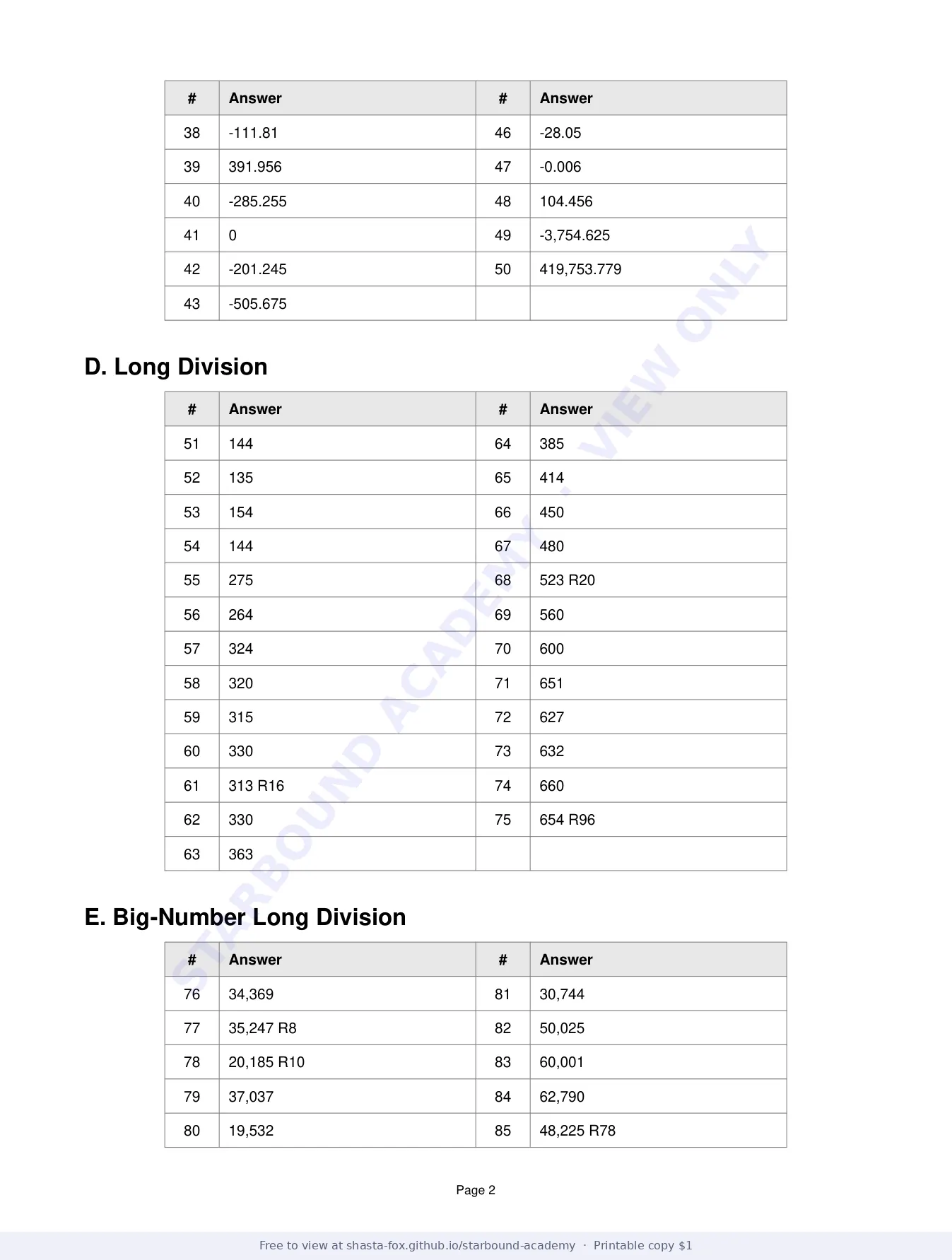 Cumulative Arithmetic Review: Answer Key, page 2 of 3