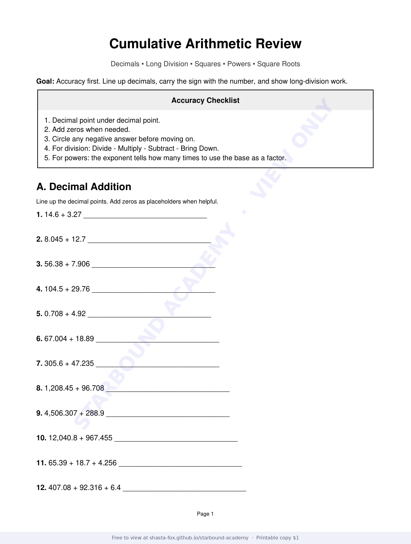Cumulative Arithmetic Review, page 1 of 10