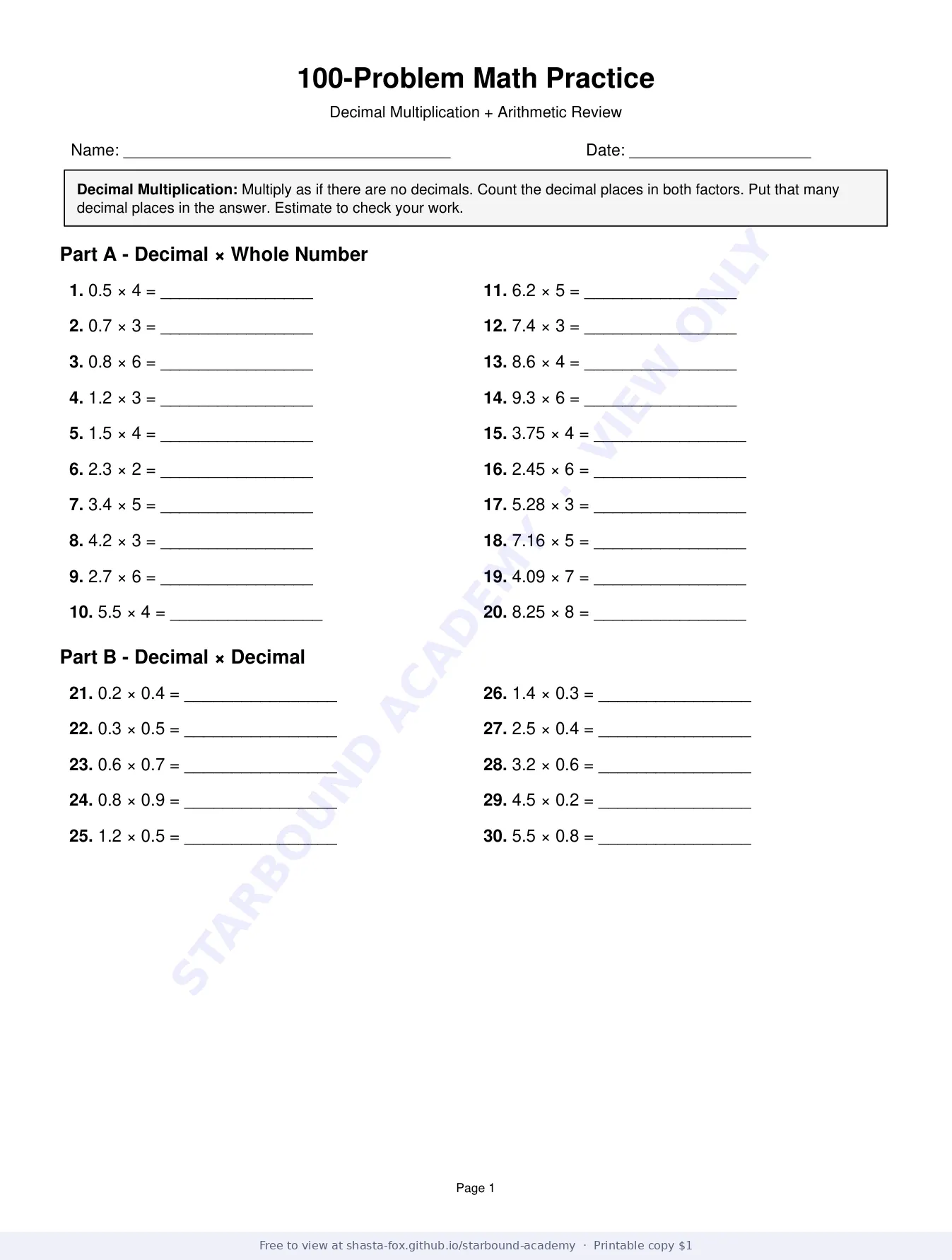 100-Problem Math Practice: Decimals, page 1 of 4