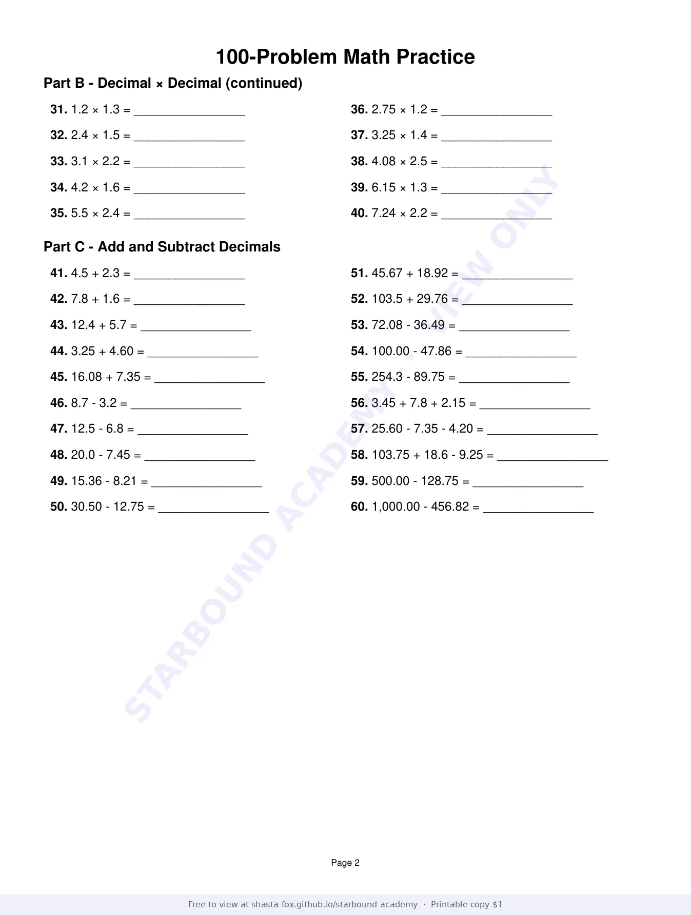 100-Problem Math Practice: Decimals, page 2 of 4