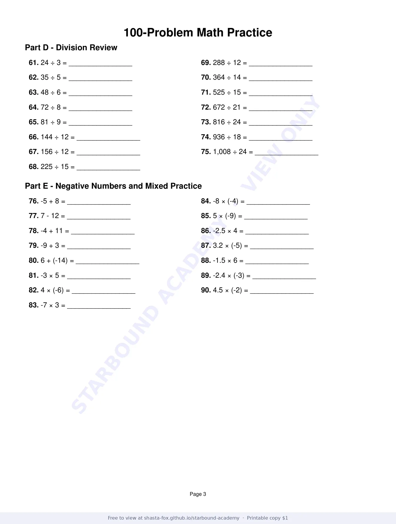100-Problem Math Practice: Decimals, page 3 of 4