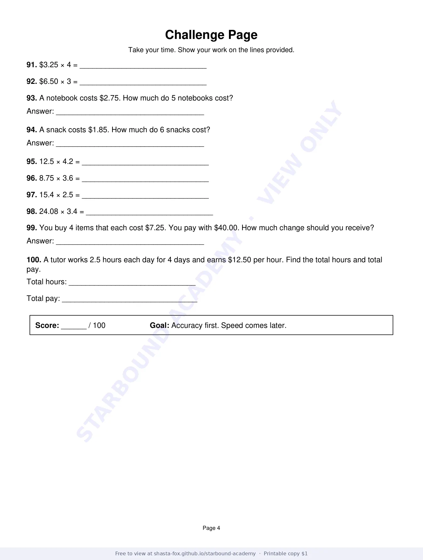 100-Problem Math Practice: Decimals, page 4 of 4