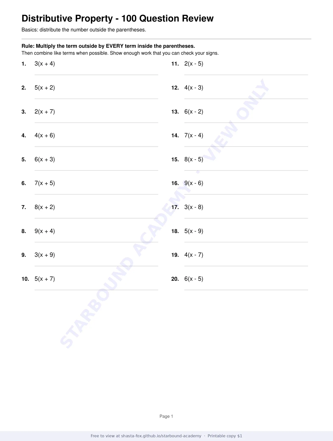 Distributive Property: 100-Question Review, page 1 of 7