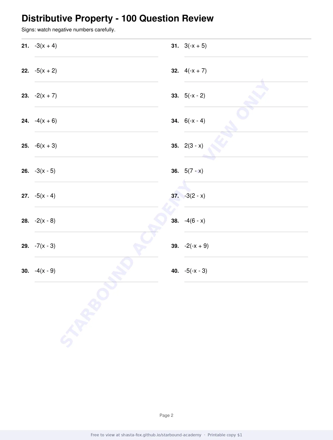 Distributive Property: 100-Question Review, page 2 of 7