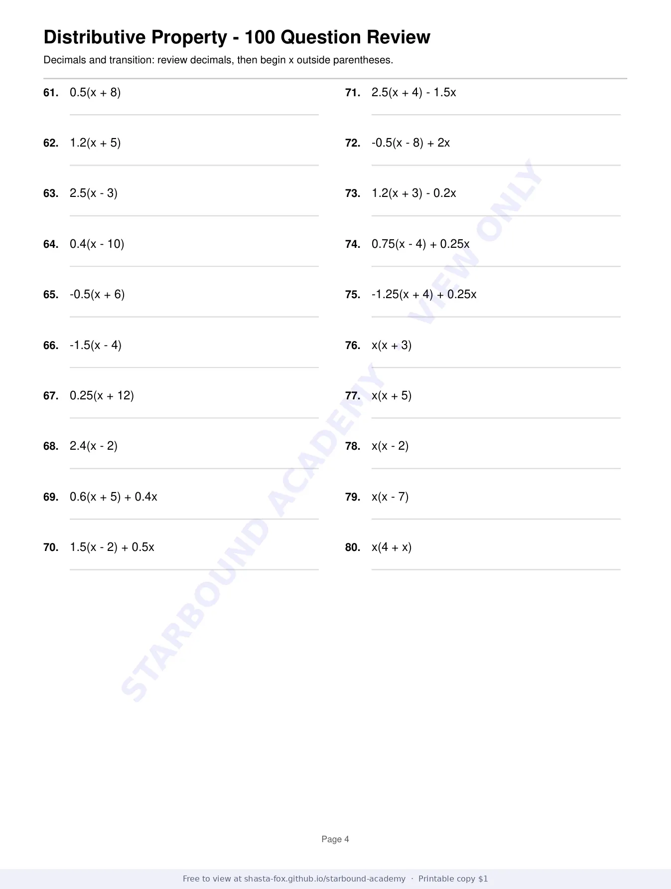 Distributive Property: 100-Question Review, page 4 of 7