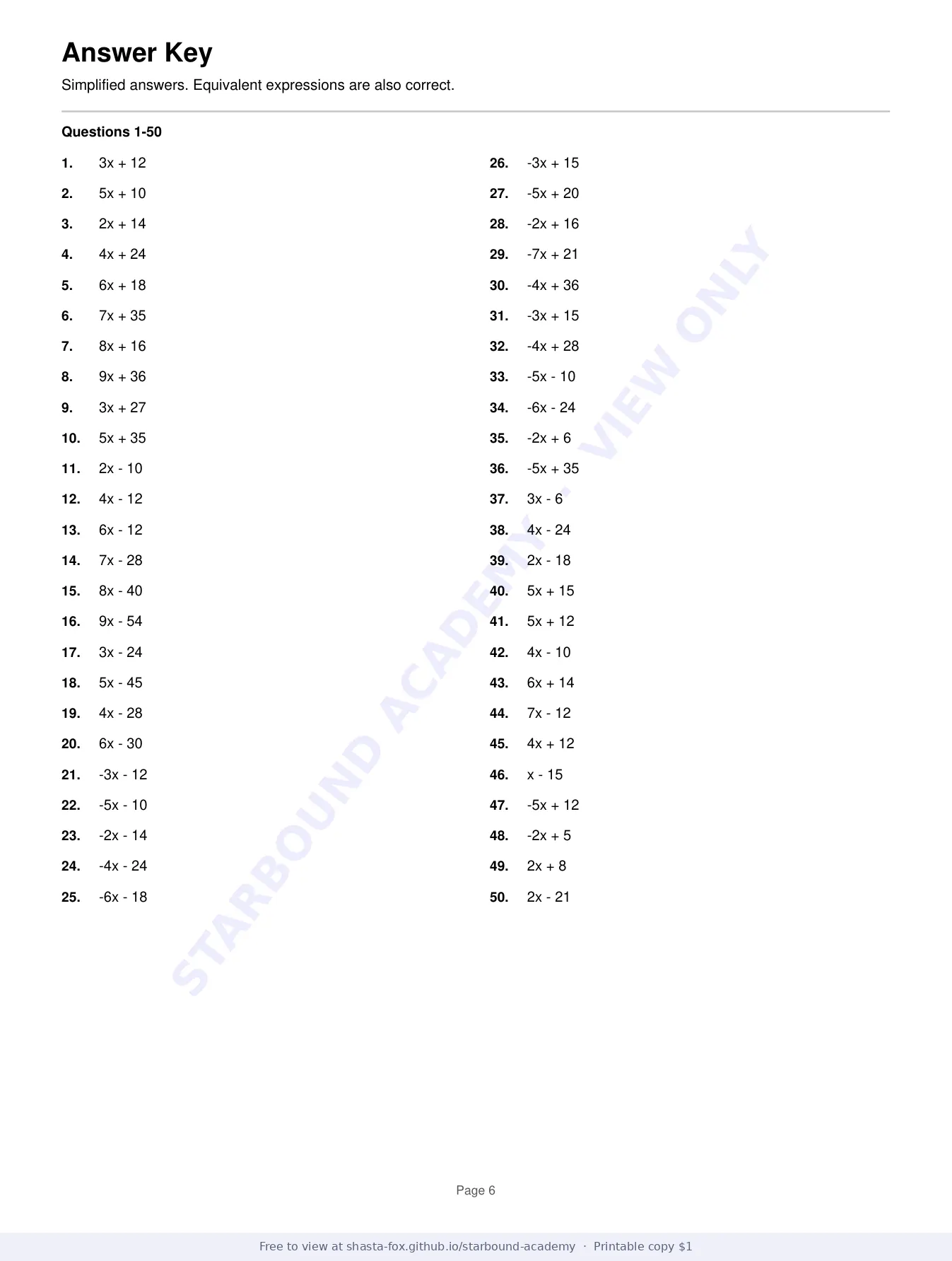 Distributive Property: 100-Question Review, page 6 of 7