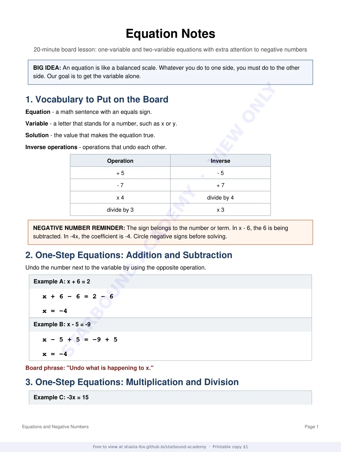 Equation Notes: Equations and Negative Numbers, page 1 of 5