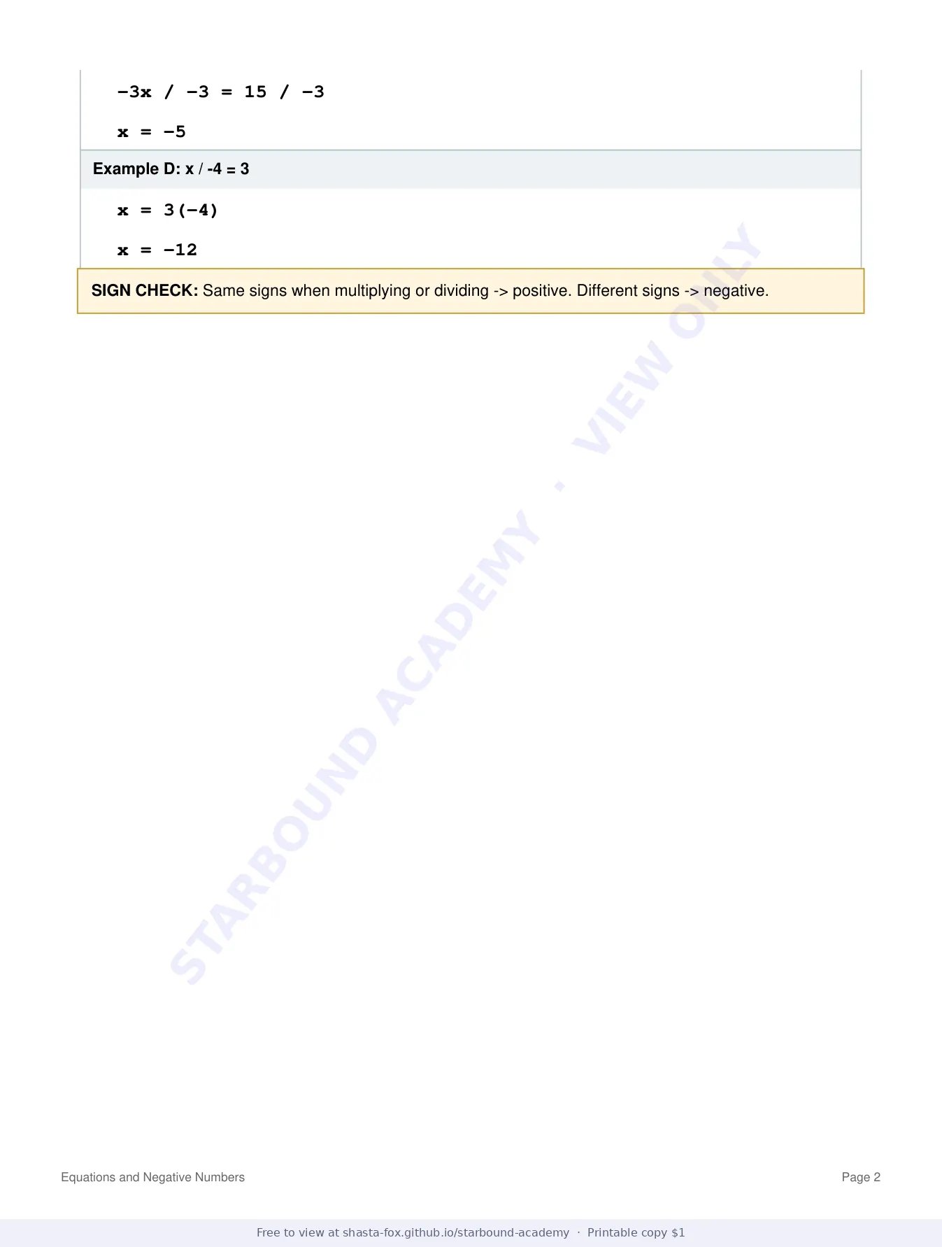 Equation Notes: Equations and Negative Numbers, page 2 of 5