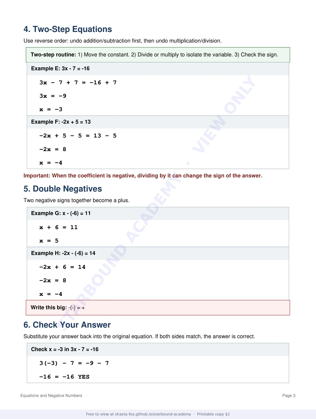 Equation Notes: Equations and Negative Numbers, page 3 of 5