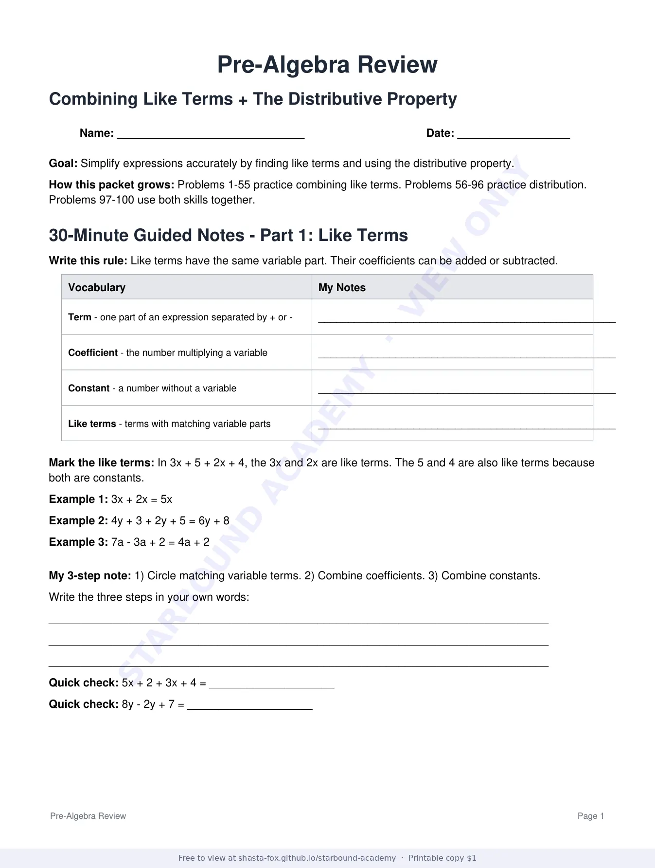Combining Like Terms and the Distributive Property, page 1 of 8