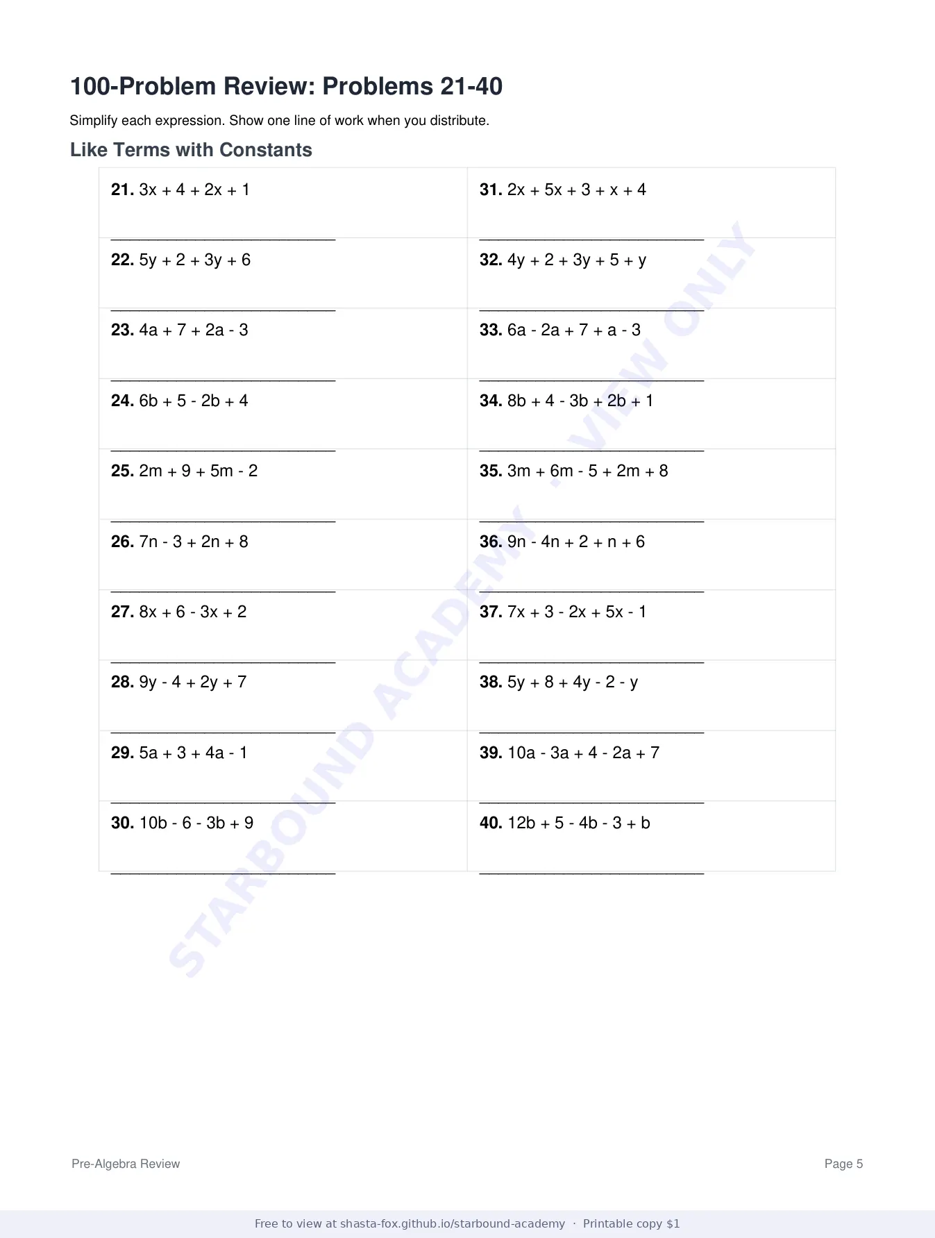 Combining Like Terms and the Distributive Property, page 5 of 8