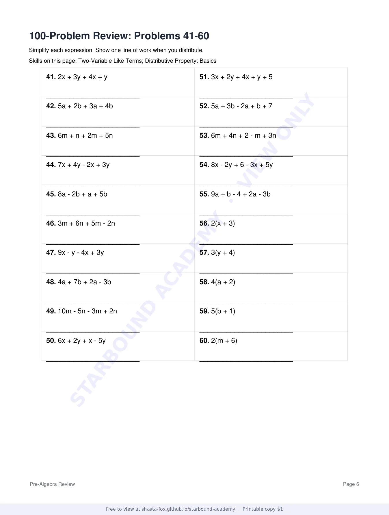 Combining Like Terms and the Distributive Property, page 6 of 8