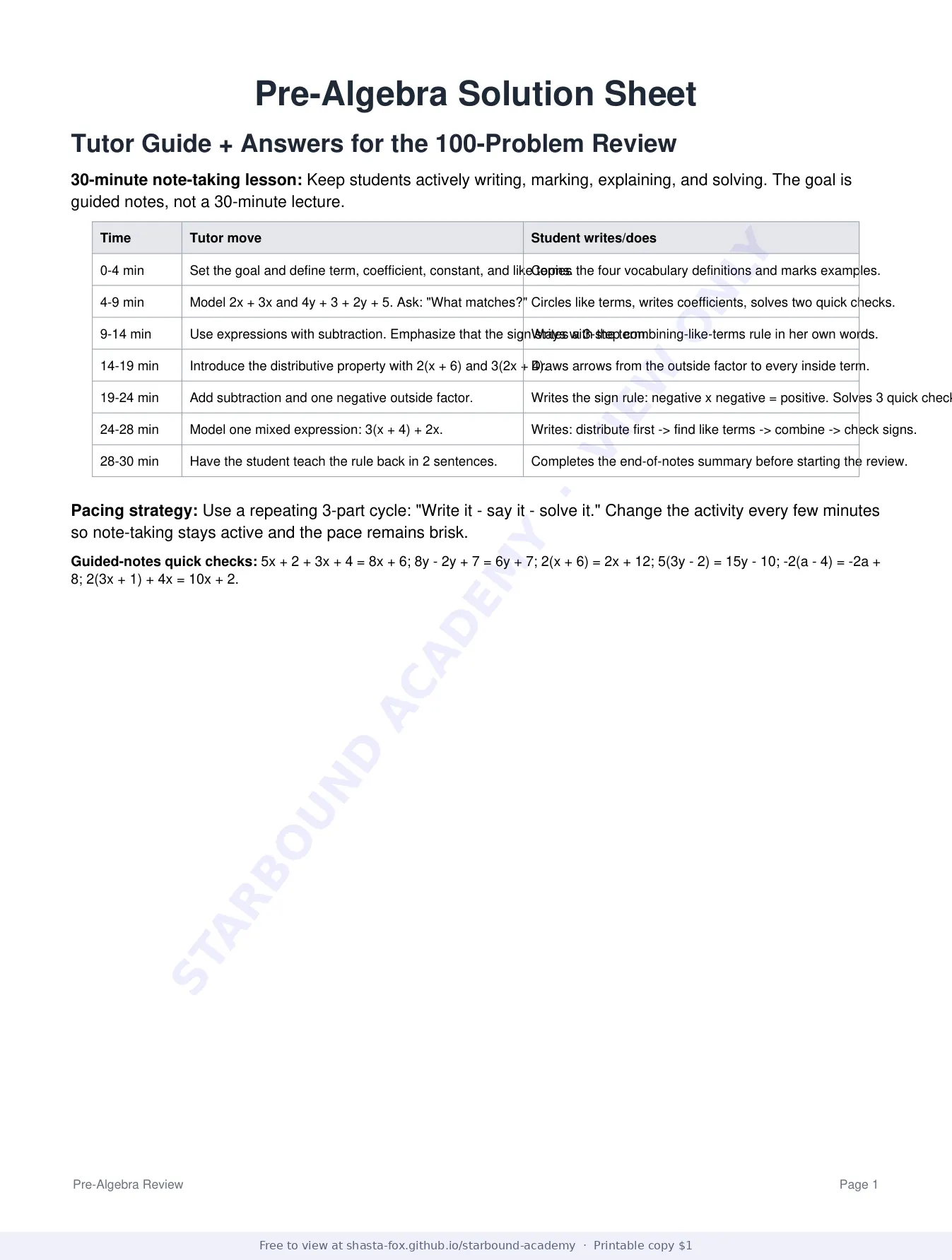 Combining Like Terms and the Distributive Property: Solution Sheet, page 1 of 5