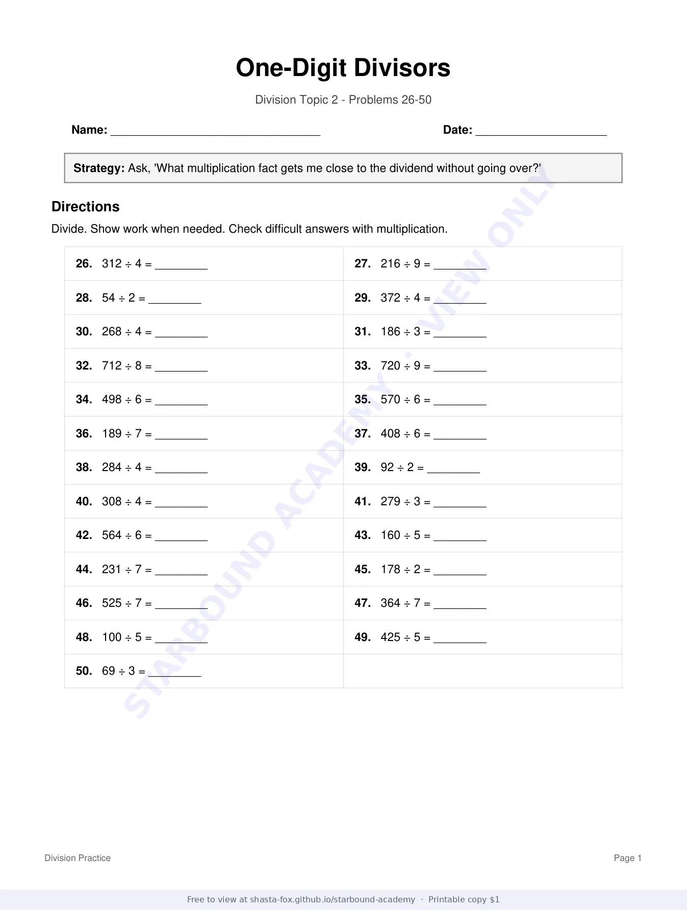 One-Digit Divisors, page 1 of 2