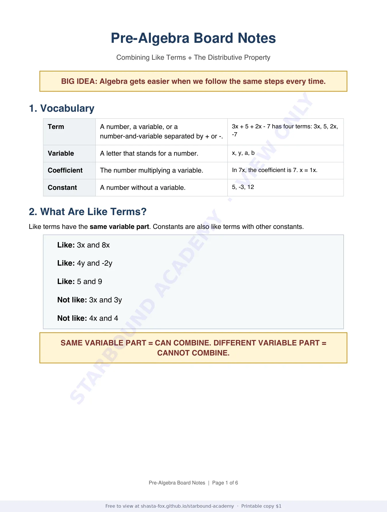 Pre-Algebra Board Notes: Like Terms and the Distributive Property, page 1 of 6