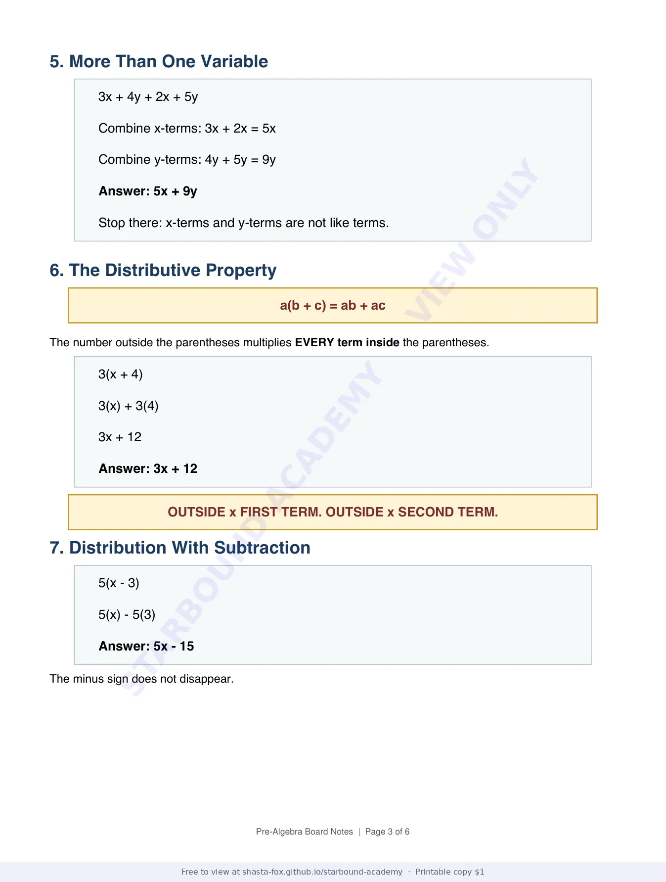 Pre-Algebra Board Notes: Like Terms and the Distributive Property, page 3 of 6